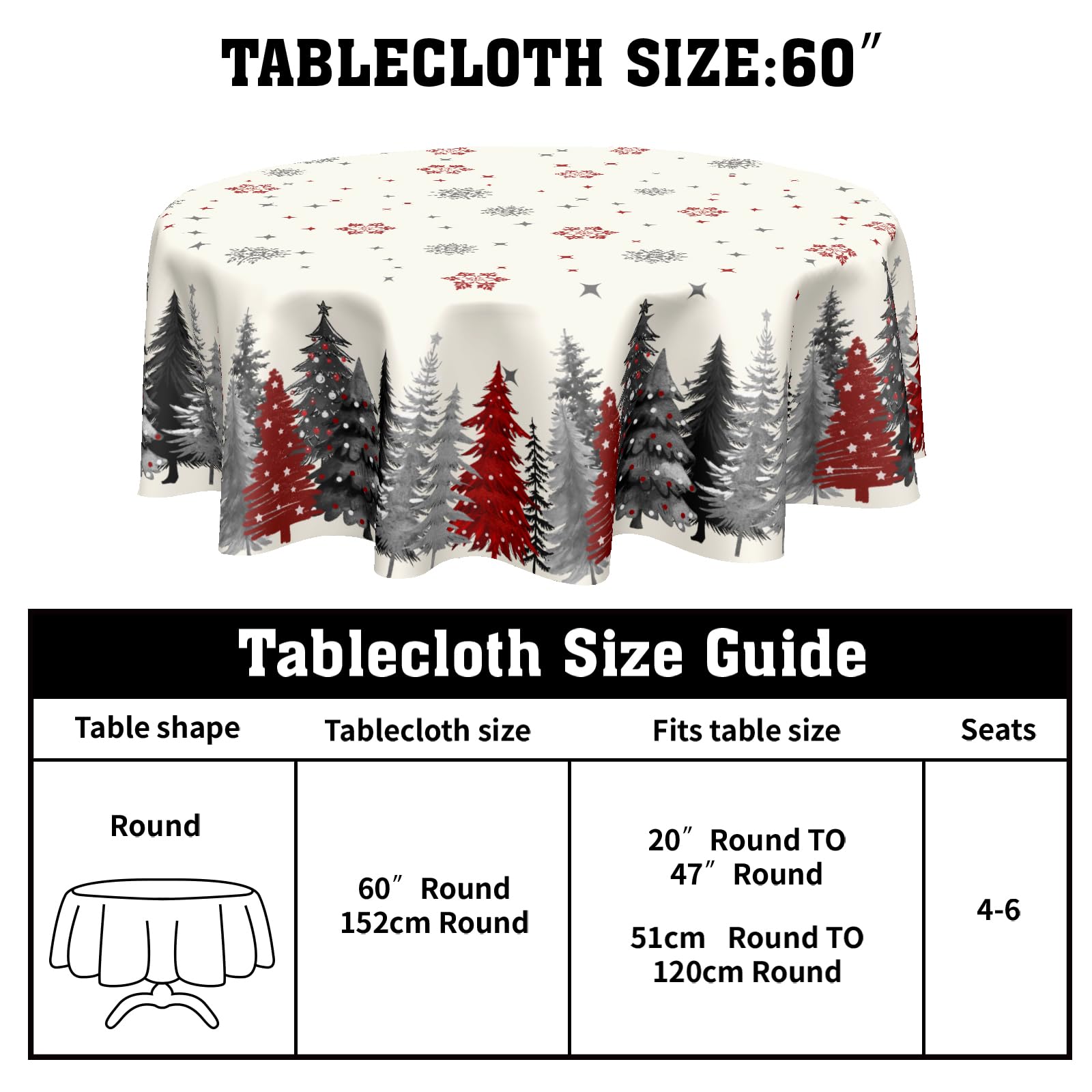 ABSOP Christmas Snowflake Round Tablecloth Cream Tablecloth 60 Inch Gary and Red Tree Pattern Circle Table Cloth Winter Holiday