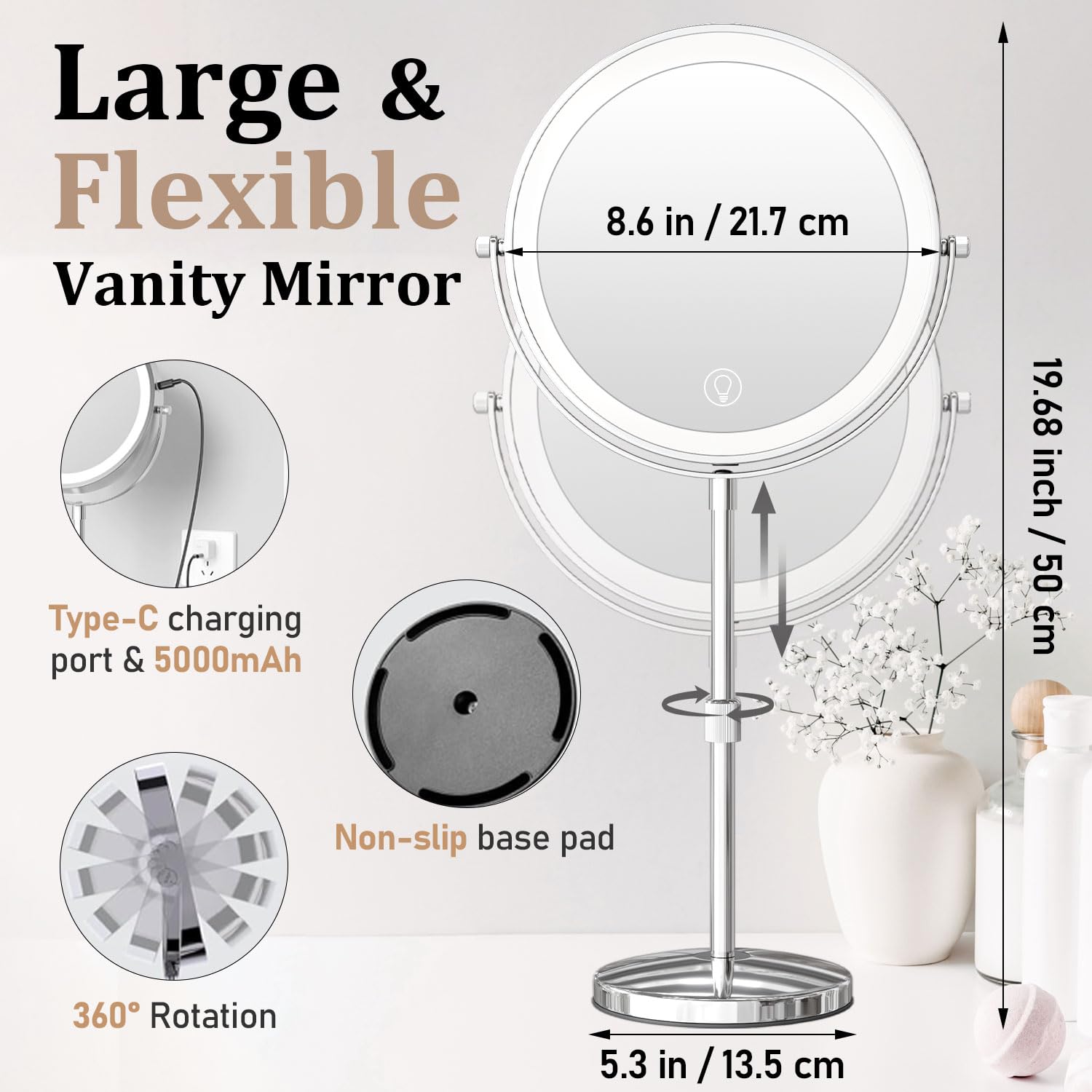 9In Vanity Mirror With Lights, Rechargeable 5000Mah Lighted Makeup Mirror, 1X/20X Double Sided Magnifying Mirror, 360 Rotate, 3