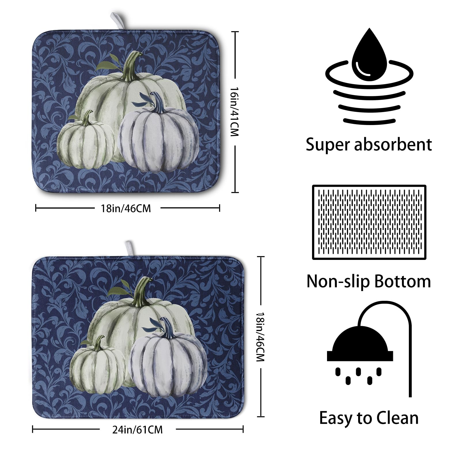 Kwlegh Autumn Dish Drying Mat Fall Navy Blue White Pumpkin Dish Pad for Kitchen Counter 18x24 Microfiber Absorbent Thanksgiving
