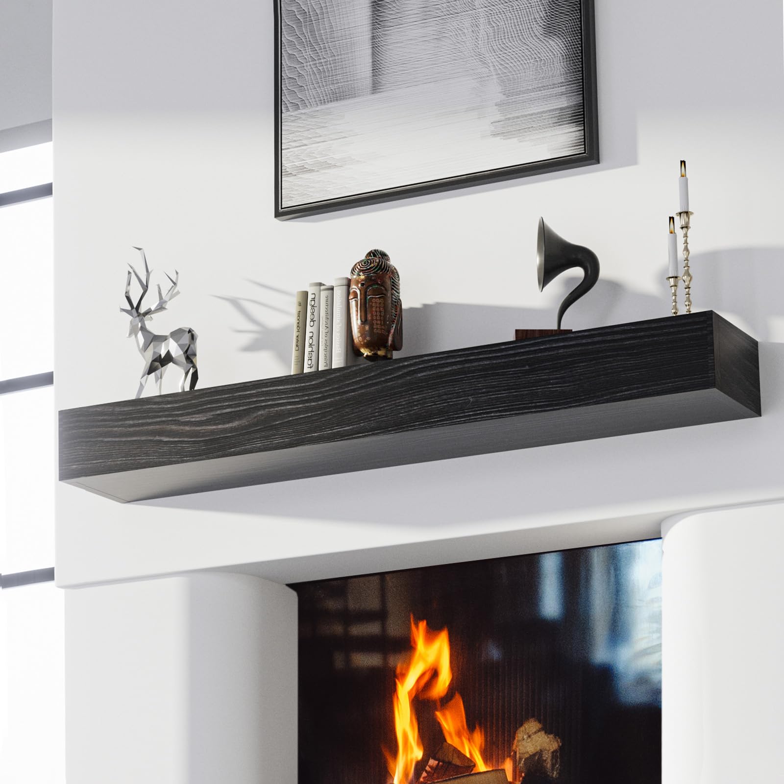 Easyego Fireplace Mantel Shelf 60'', Rustic Wood Mantles For Over Fireplace, Handcrafted Floating Mantel Shelf, Wall Mounted Far