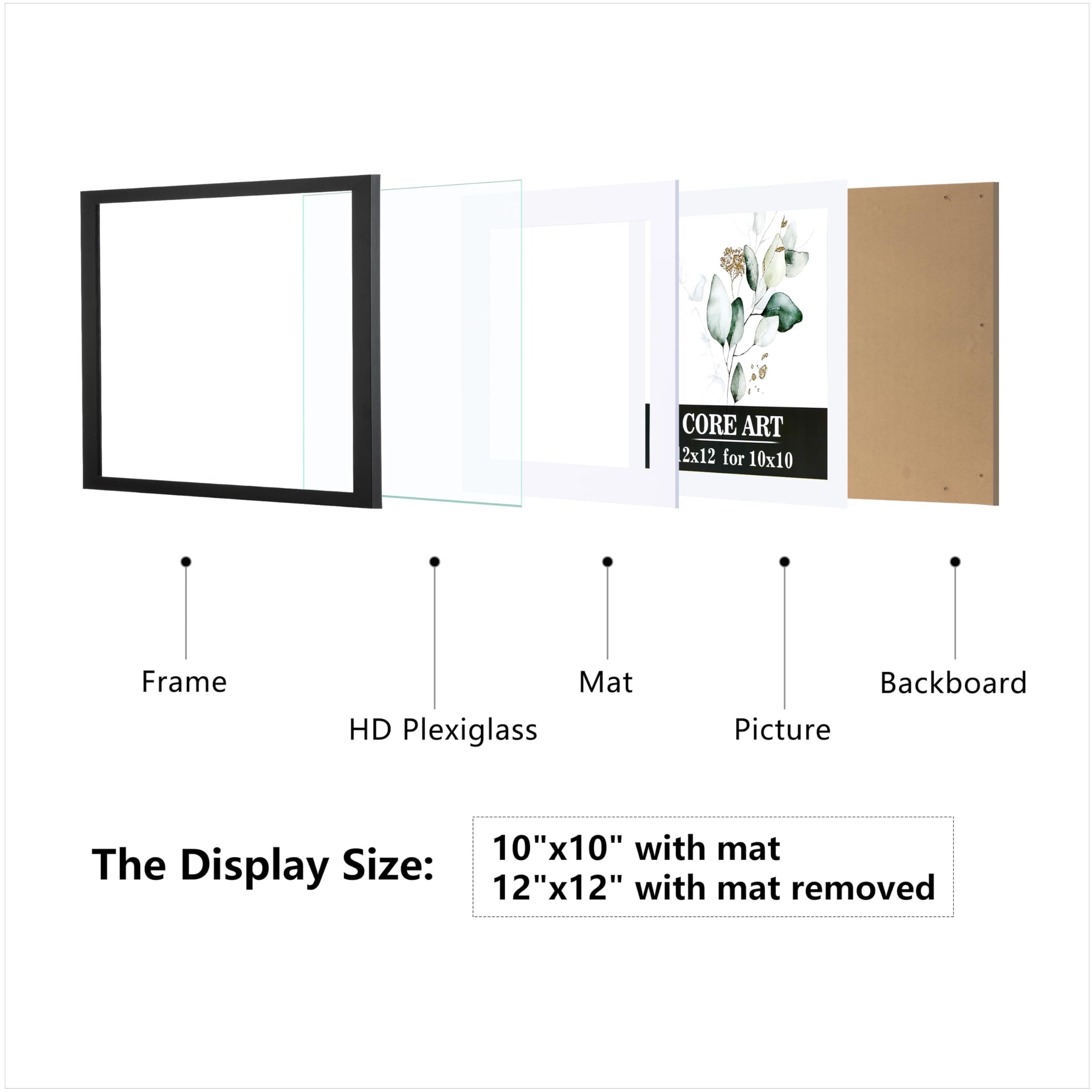 CORE ART 12x12 Picture Frame Set of 4, Display Pictures 10x10 with Mat or 12 x 12 without Mat, Multi Photo Frames Collage for Wa