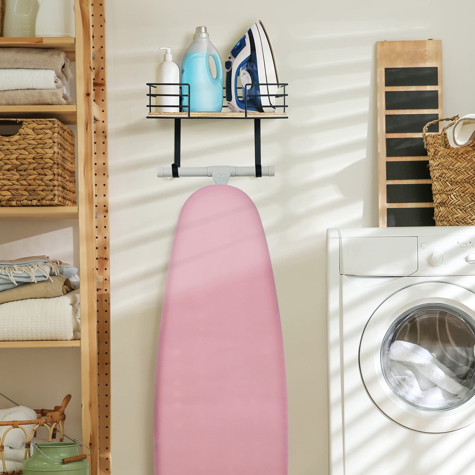 Thygiftree Ironing Board Hanger Wall Mount, Ironing Board Holder With Shelf, Ironing Board Wall Mount With Storage Wooden Basket