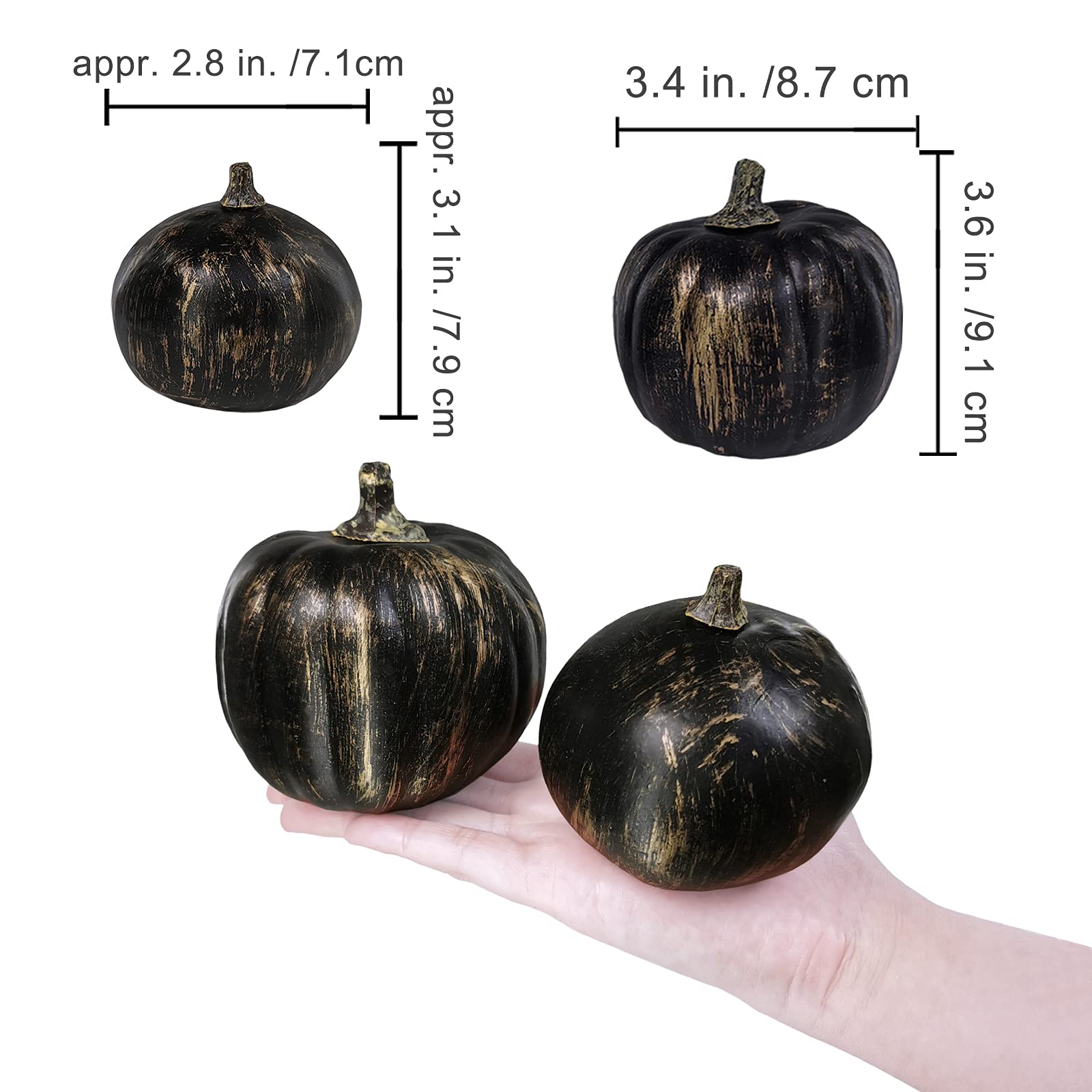 Winlyn 7 Pcs Assorted Artificial Gold Brush Black Pumpkins Rustic Decorative Halloween Faux Foam Pumpkins for Fall Halloween Tha