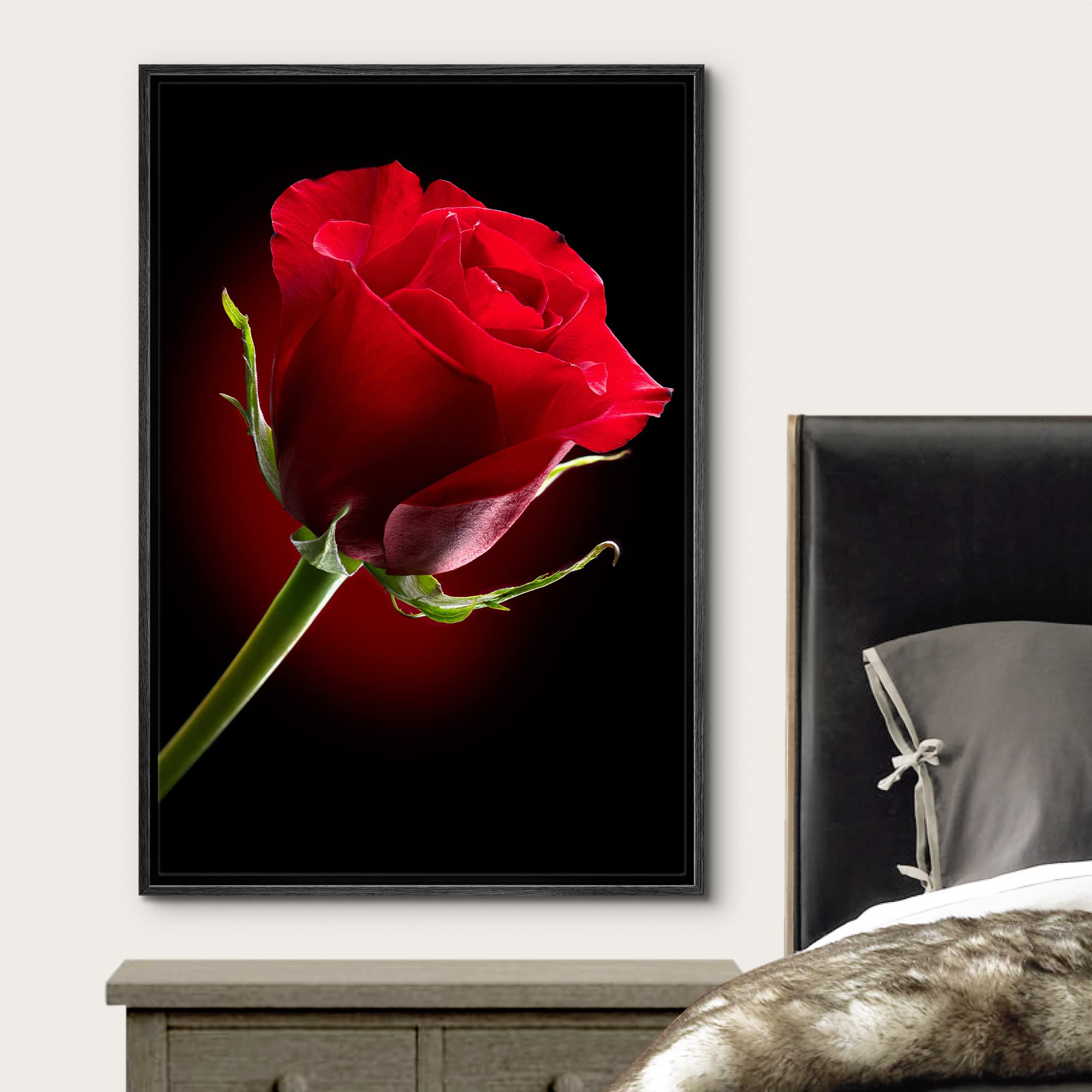Wall26 Framed Canvas Prints Wall Art - Closeup Of Red Rose Flower Against Black Background | Modern Wall Decorstretched Gallery
