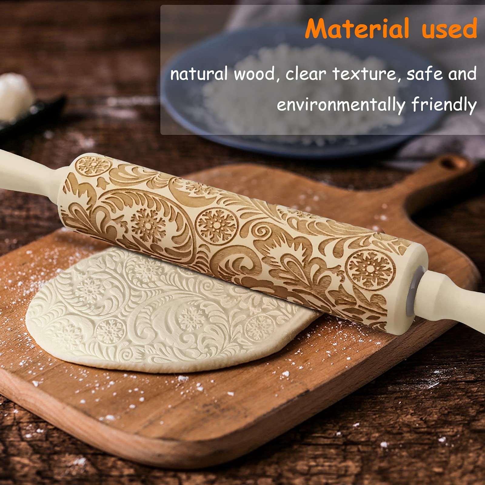 RDGDFONG Embossed Wooden Rolling Pin - Snowflake 14.9'' x 1.96'', Beech Wood, Ideal for Baking Cookies, Pizza, Fondant, Christmas Gifts