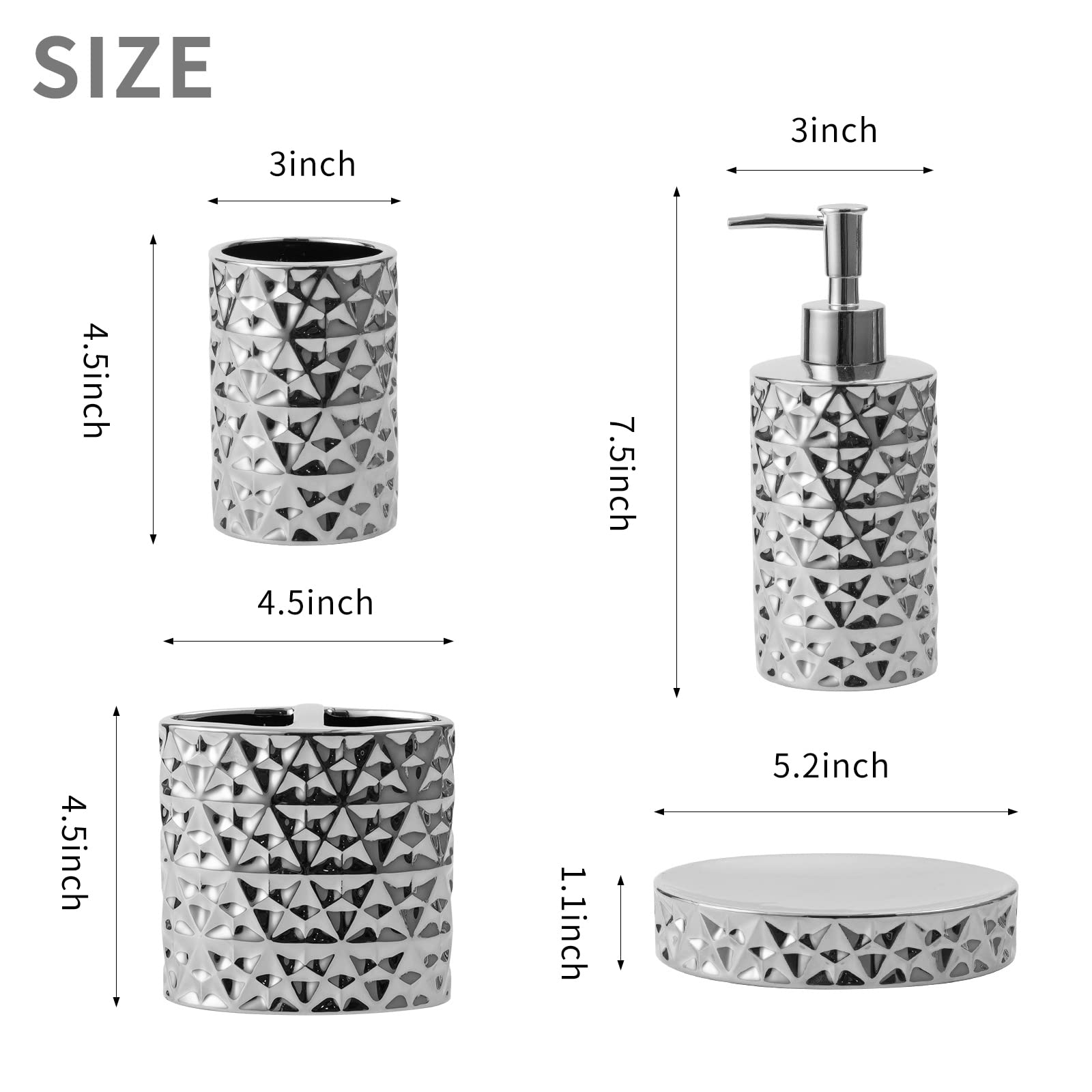 Silver Bathroom Accessories Set, 4 Piece Ceramic Bath Accessory Sets Complete, Diamond Soap Dispenser And Silver Toothbrush Hold