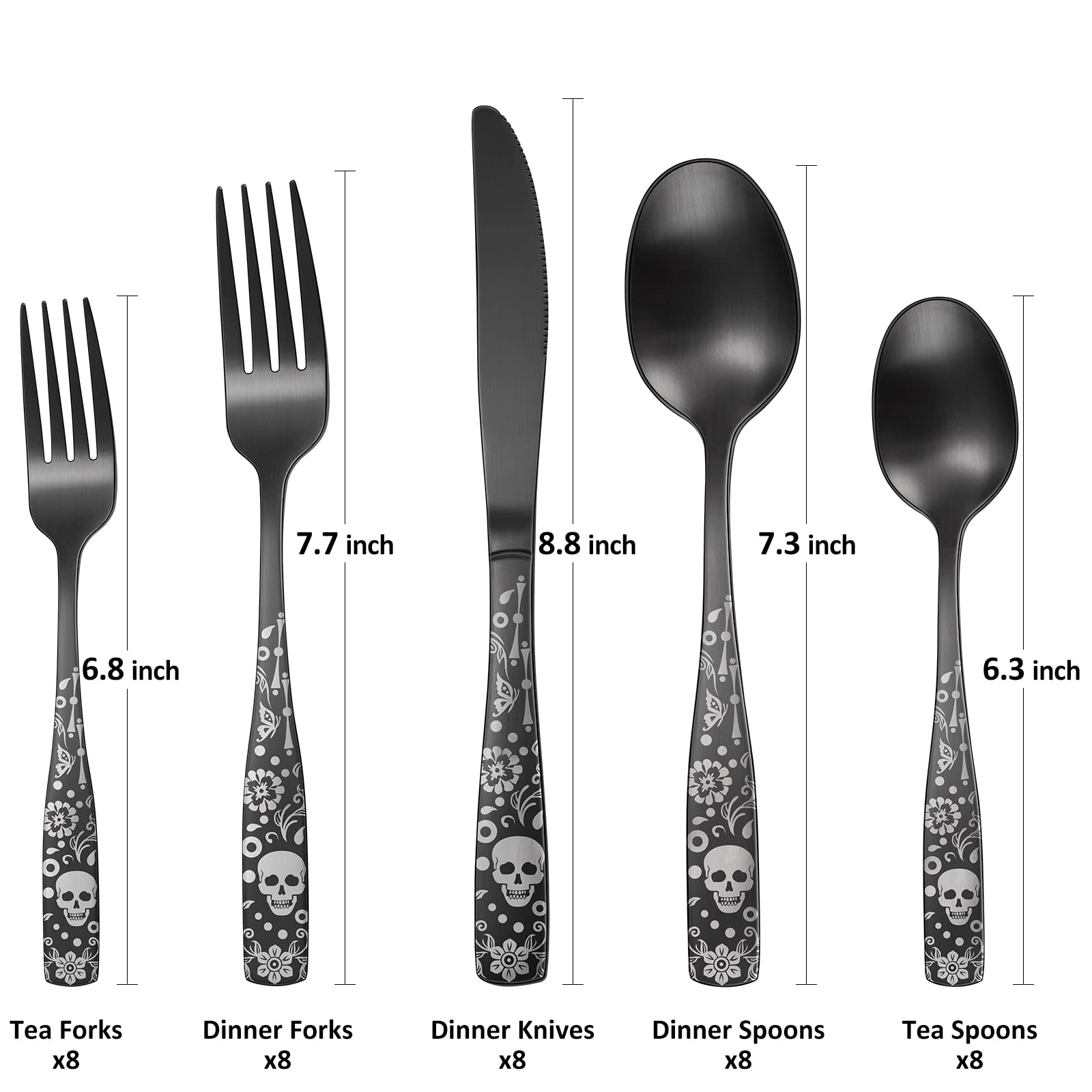 Skull Pattern Black Silverware Set For 8,Oiulo 40-Piece Stainless Steel Matte Flatware Set,Skeleton Flower Bat Unique Design,Sat