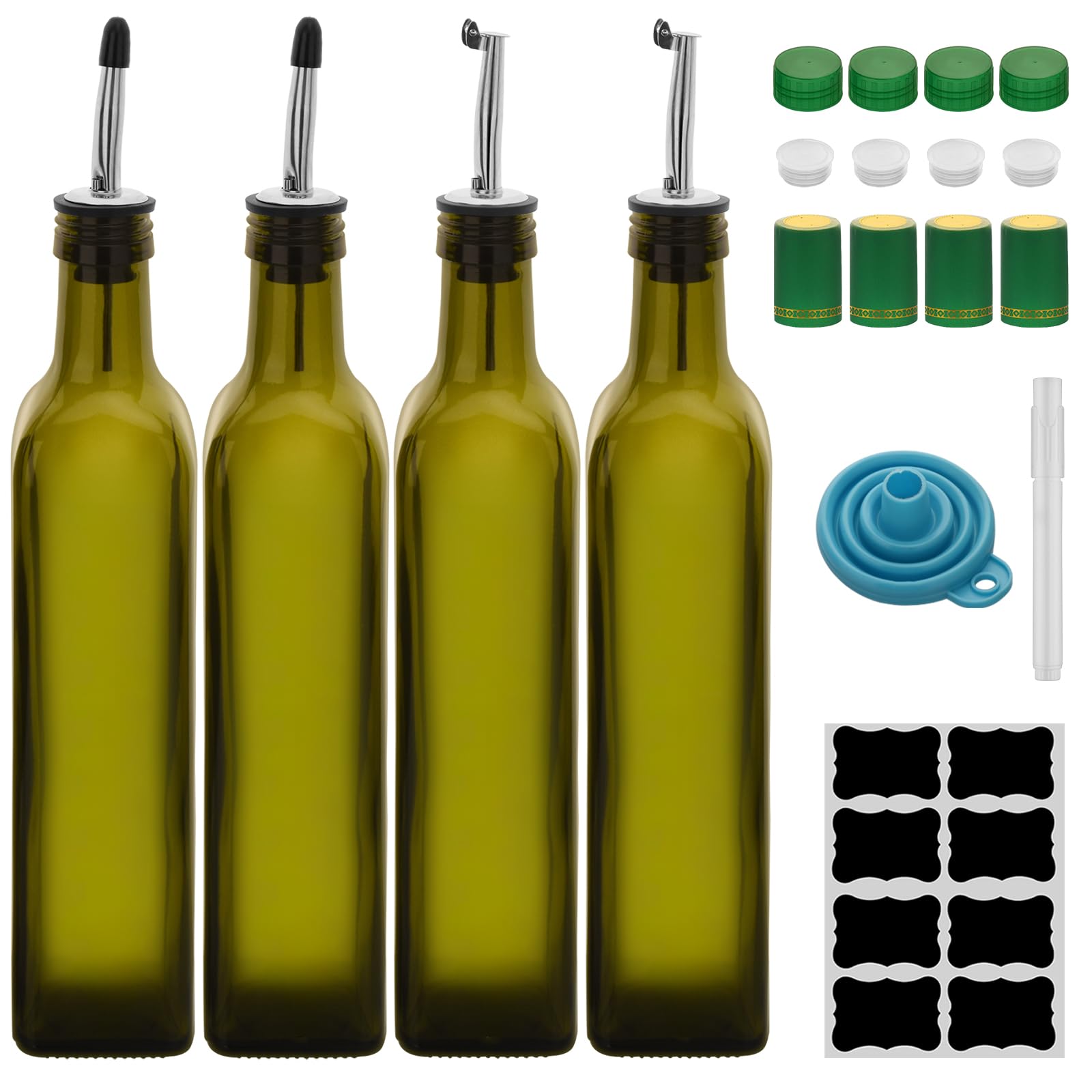 eispap 17oz 4 Pcs Olive Oil Dispenser Bottle,500ml Glass Oil and Vinegar Dispenser Set with 4 Stainless Steel Pourers, 8 Labels,