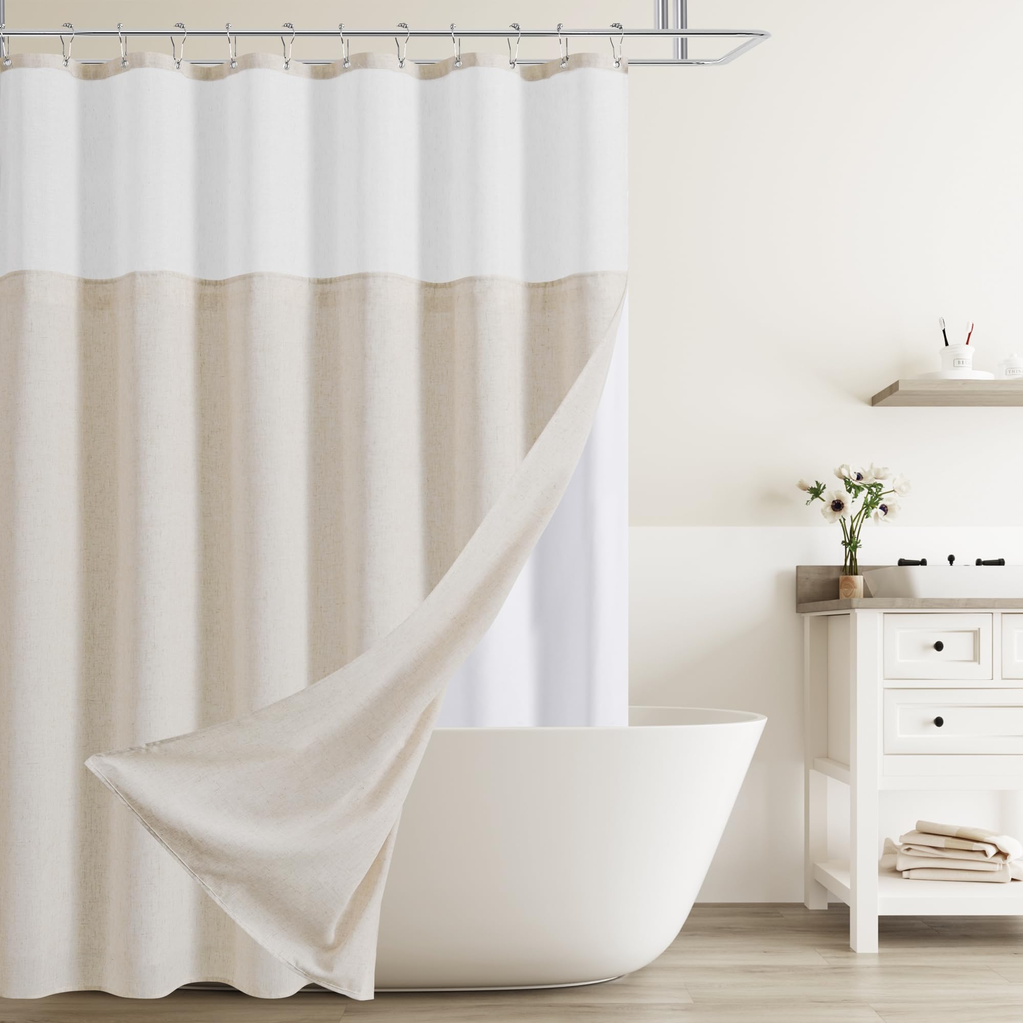 Naturoom Shower Curtain 78 Inches Long White Linen Shower Curtain And Liner Set With Hooks Heavy Duty Burlap Cloth Double Tall S