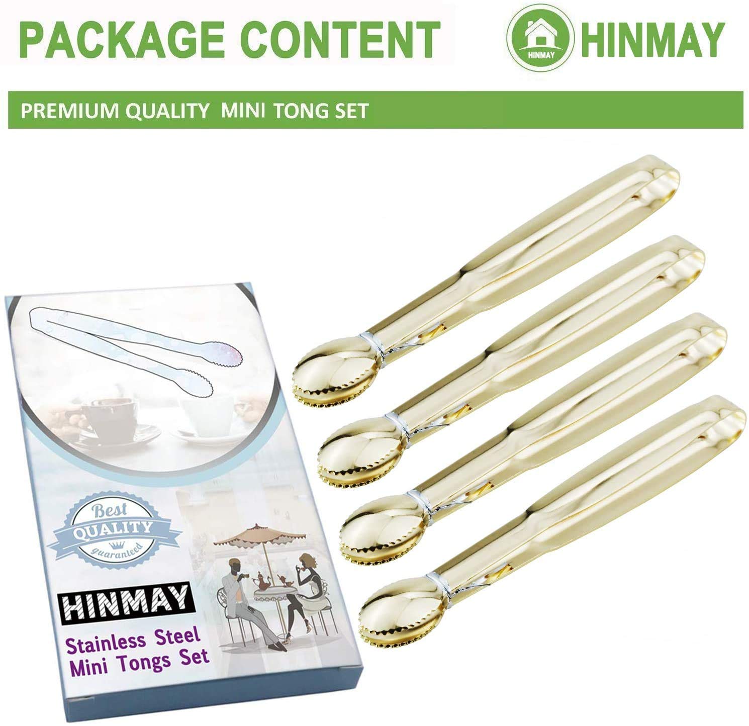 Hinmay Mini Appetizer Tongs 5-3/4 Inch Small Serving Tongs, Set Of 4 (Gold)