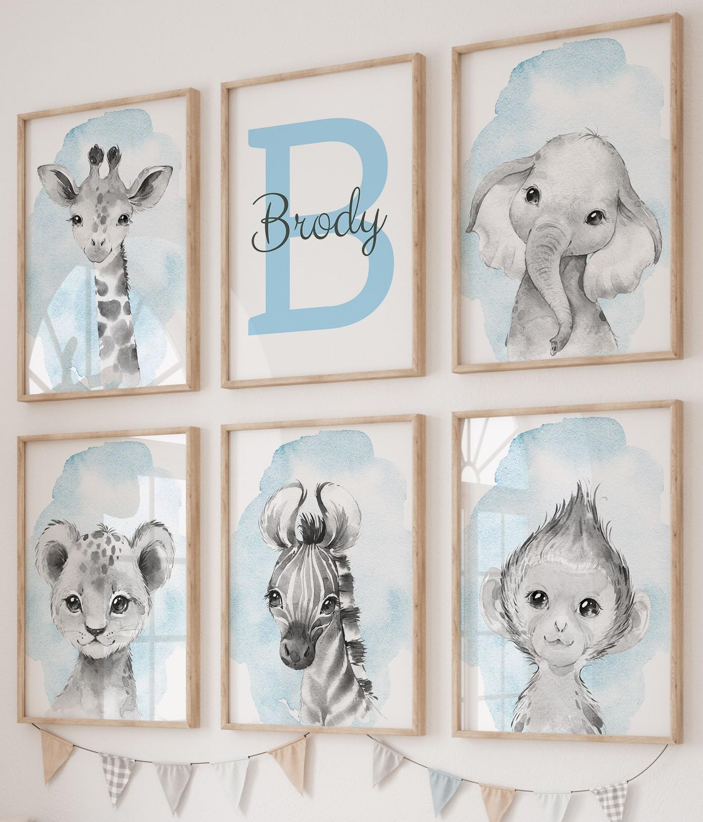 Personalized Safari Animals for Baby Boy Girl Nursery Bedroom  Unframed Set of 6 Poster Prints  Personalized Name Gray Blue Green Yellow Watercolor Splash Wall Art Decor  Gift Present  Elephant Giraffe Lion (8x10)