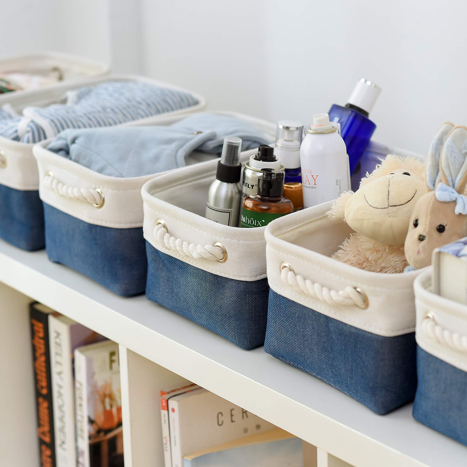 Storage Basket For Organizing - 12X8X5.2 Inch Small 6 Pack Fabric Storage Bin Collapsible Baskets For Shelves With Rope, Storage