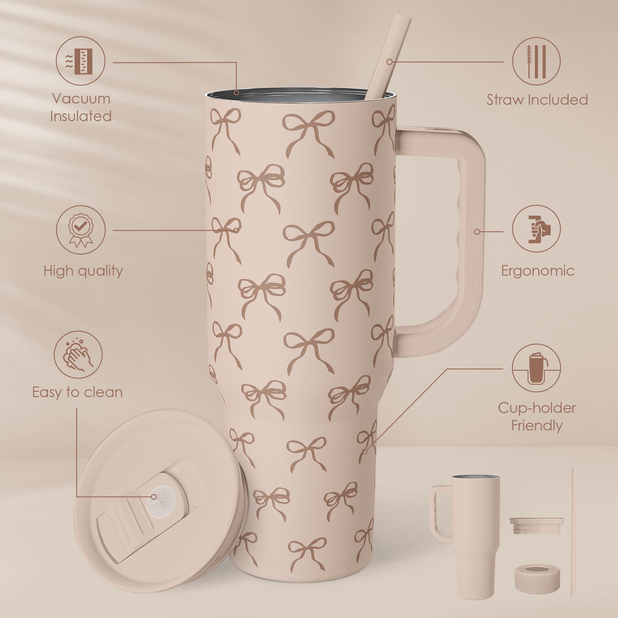 Bow Tumbler with Handle and Straw 40oz - Stainless Sleel Slider Tumbler Travel Coffee Mug for Women - Gift Idea for Birthday Chr