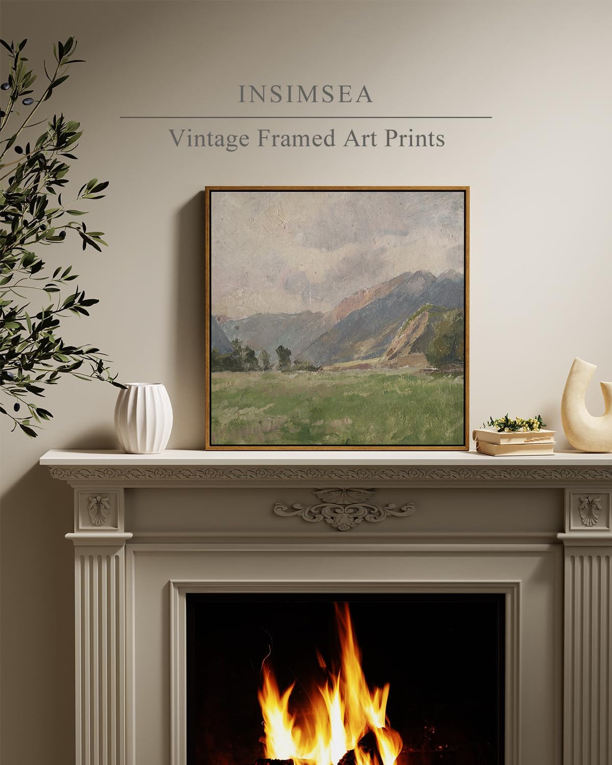 Insimsea Square Framed Canvas Wall Art, Large Decor Retro Prairie Mountain Landscape Paintings, Nature Wall Pictures For Bedroom