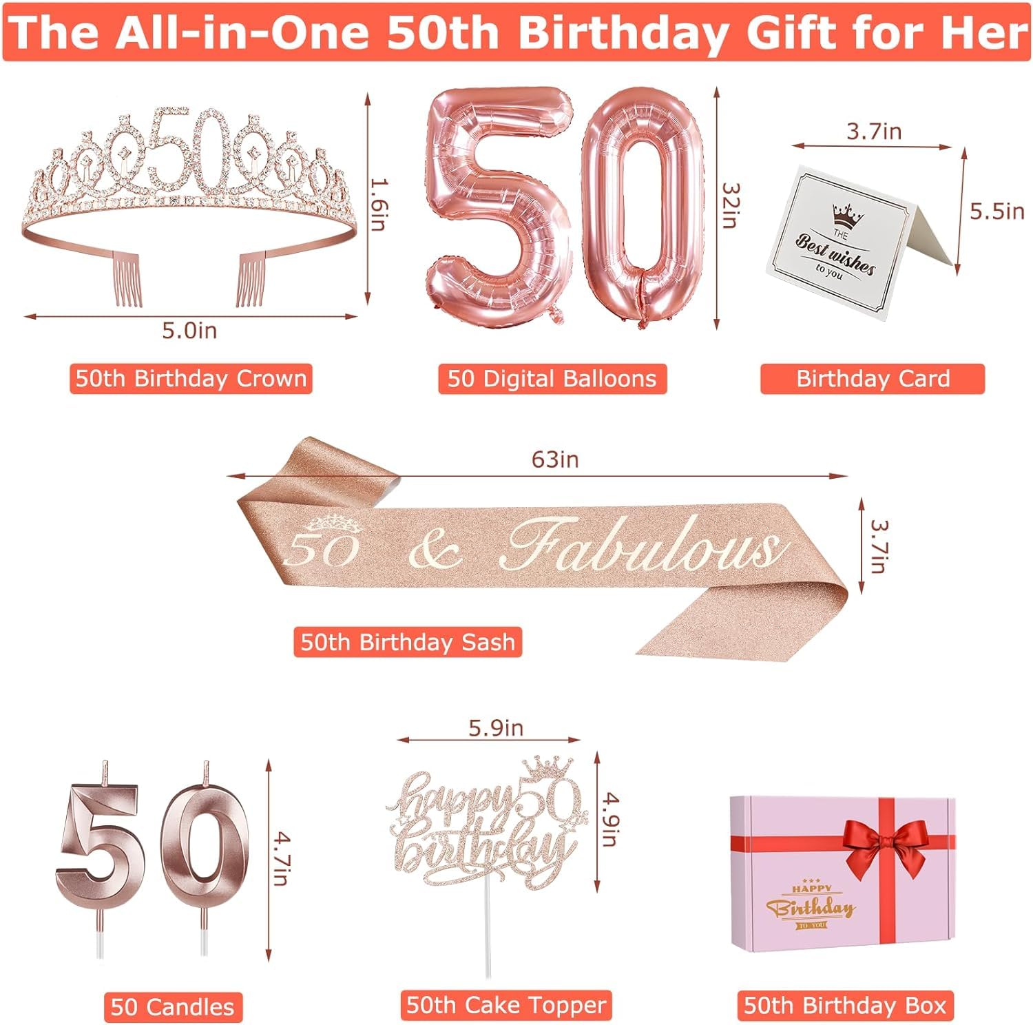 50Th Birthday Decorations Women, Include 50Th Birthday Sash And Tiara, Birthday Cake Topper And Number 50 Candles, Balloons, Bir