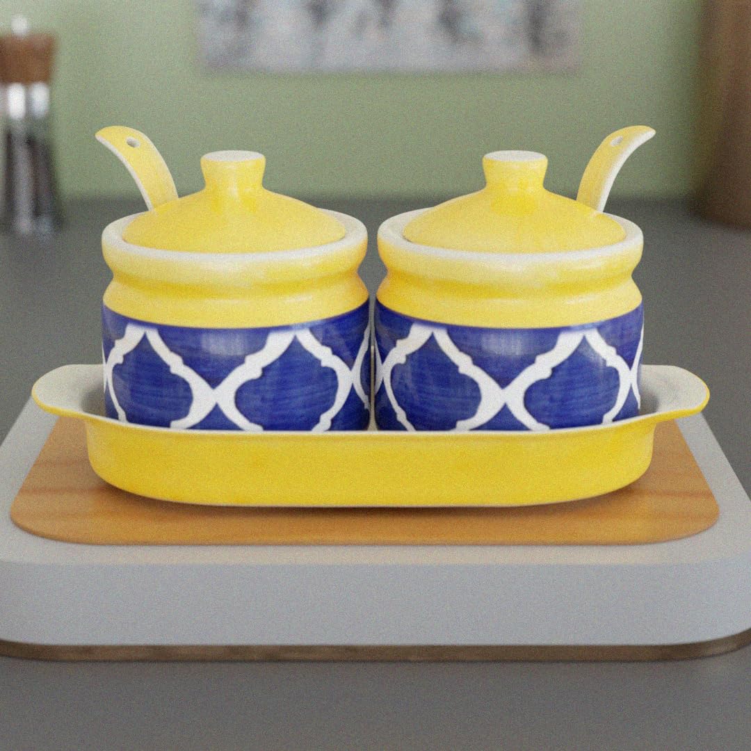 The Earth Store (Set Of 2 220 Ml Each, Ceramic Moroccan Yellow Blue Handcrafted Multipurpose Achar Pickle Jar/Barni With Lid And