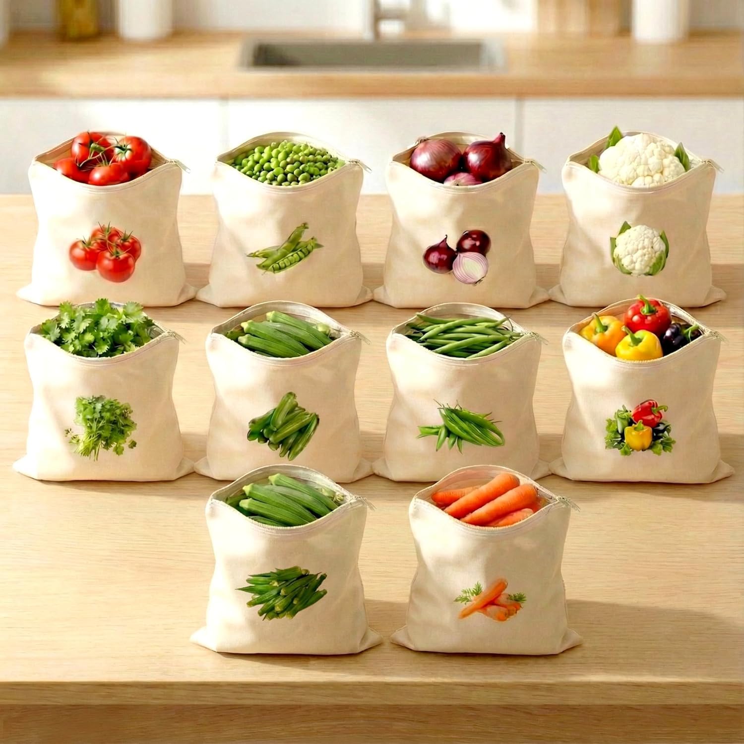 VEDHAK Reusable 100% Cotton Vegetable Bags for Fridge | Ecofriendly Produce Storage Bags for Kitchen Organizer | 10 Pcs | Washa
