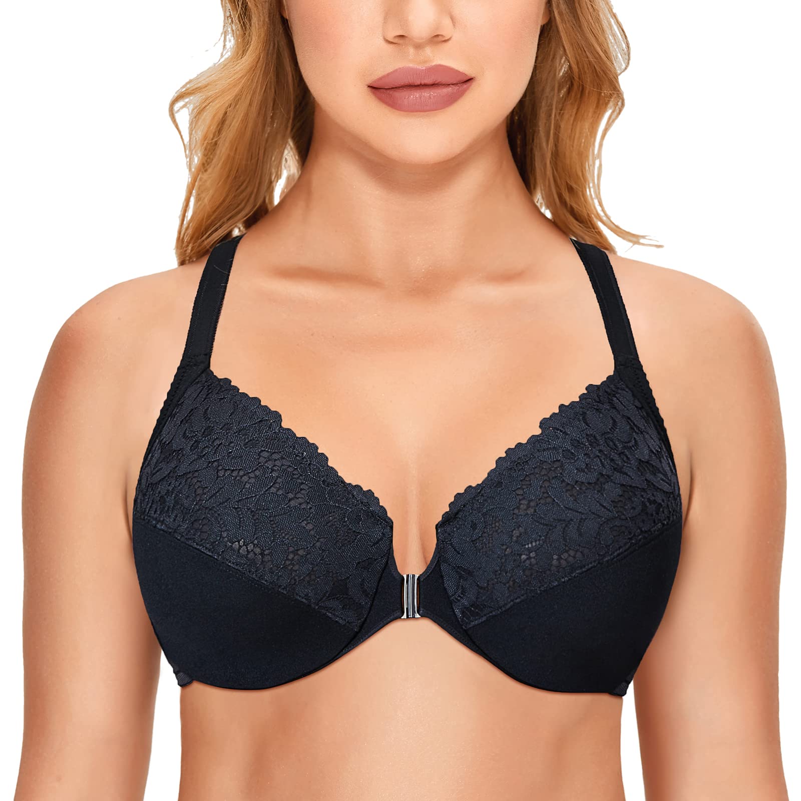 Delimira Womens Front Closure Plus Size Full Coverage Lace Underwire Racerback Bra Black 34E