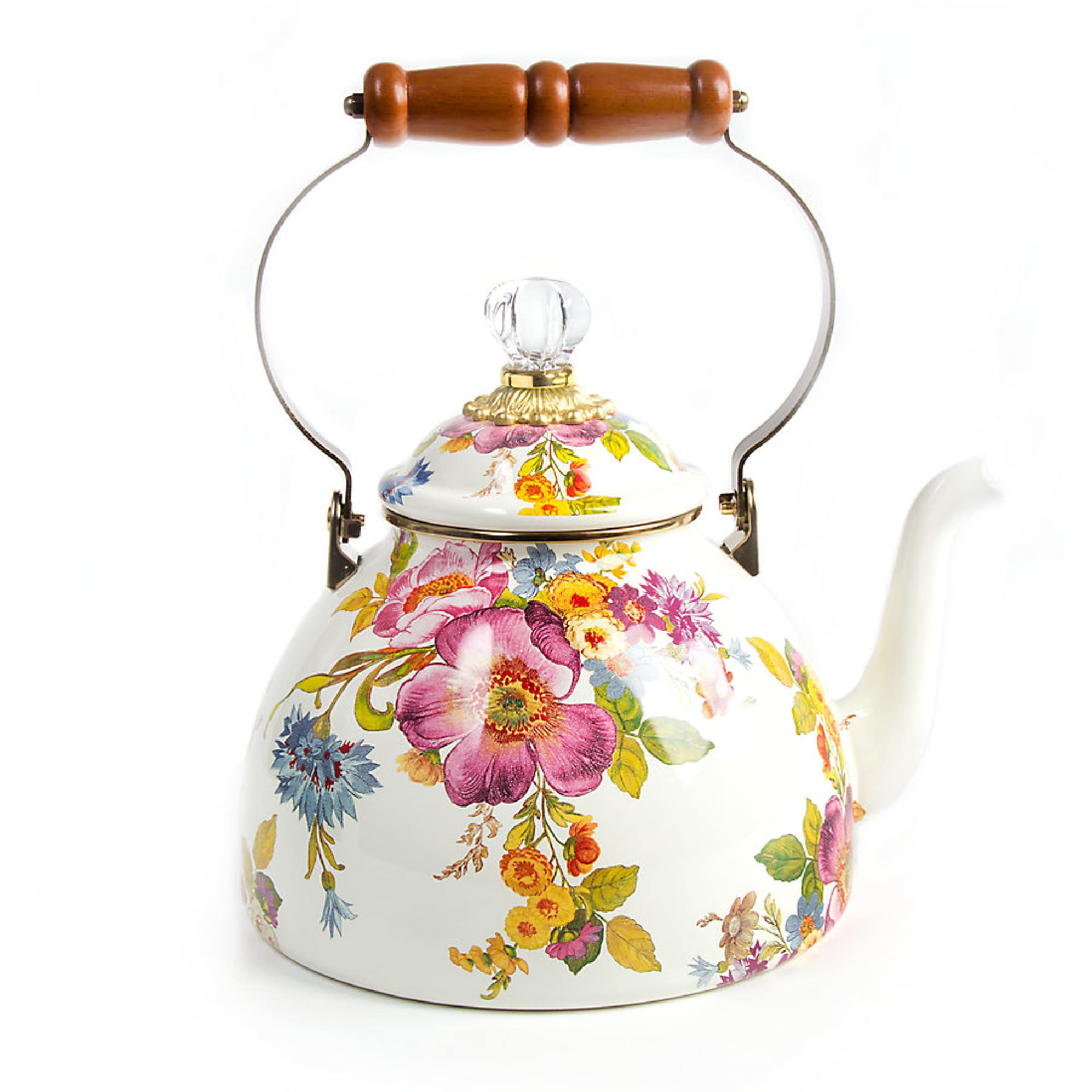 Mackenzie-Childs Flower Market Enamel Tea Kettle, Decorative Tea Kettle, 3-Quart Capacity, White