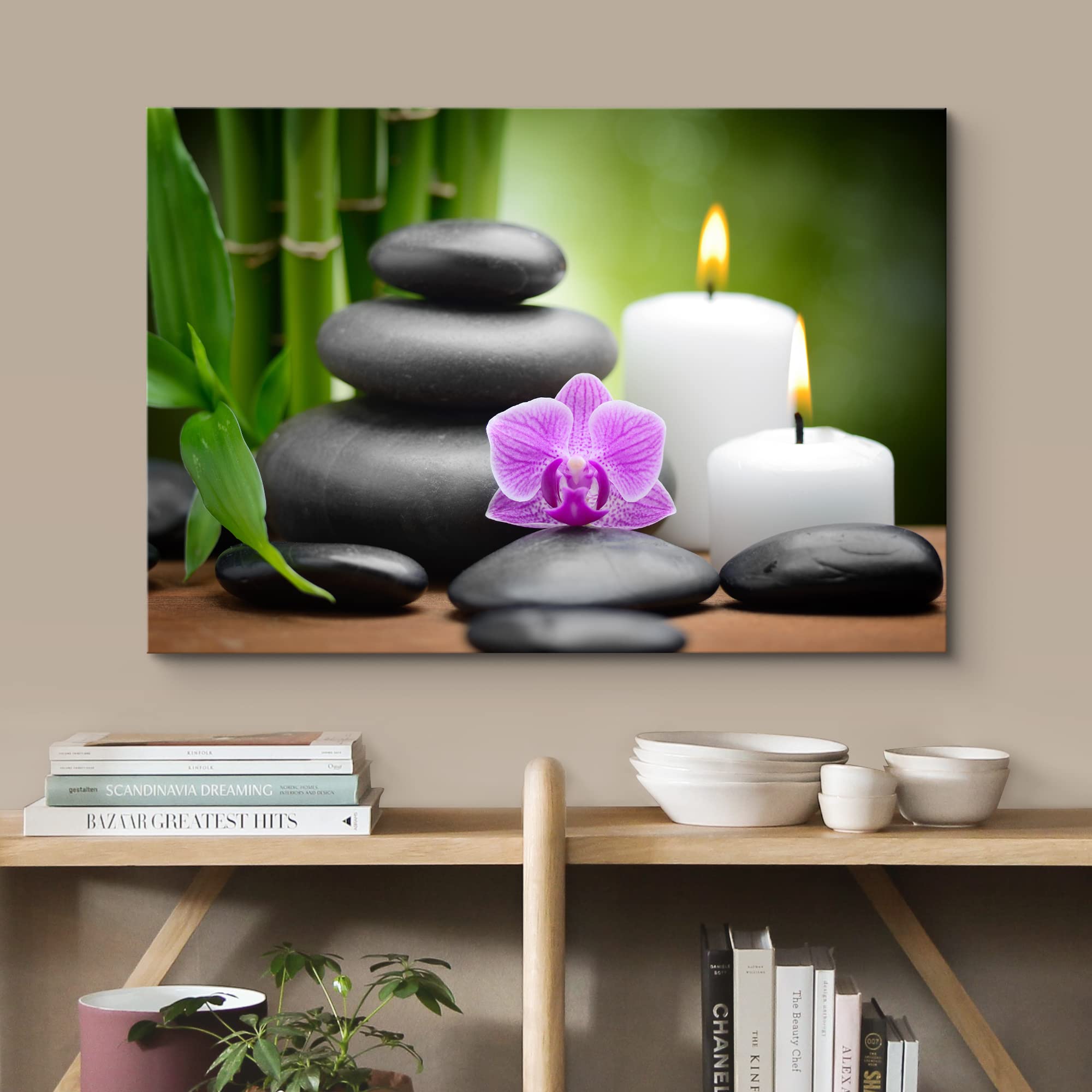Wall26 Canvas Print Wall Art Purple Orchid With Candles, Massage Stones & Bamboo Floral Nature Photography Realism Zen Scenic Re