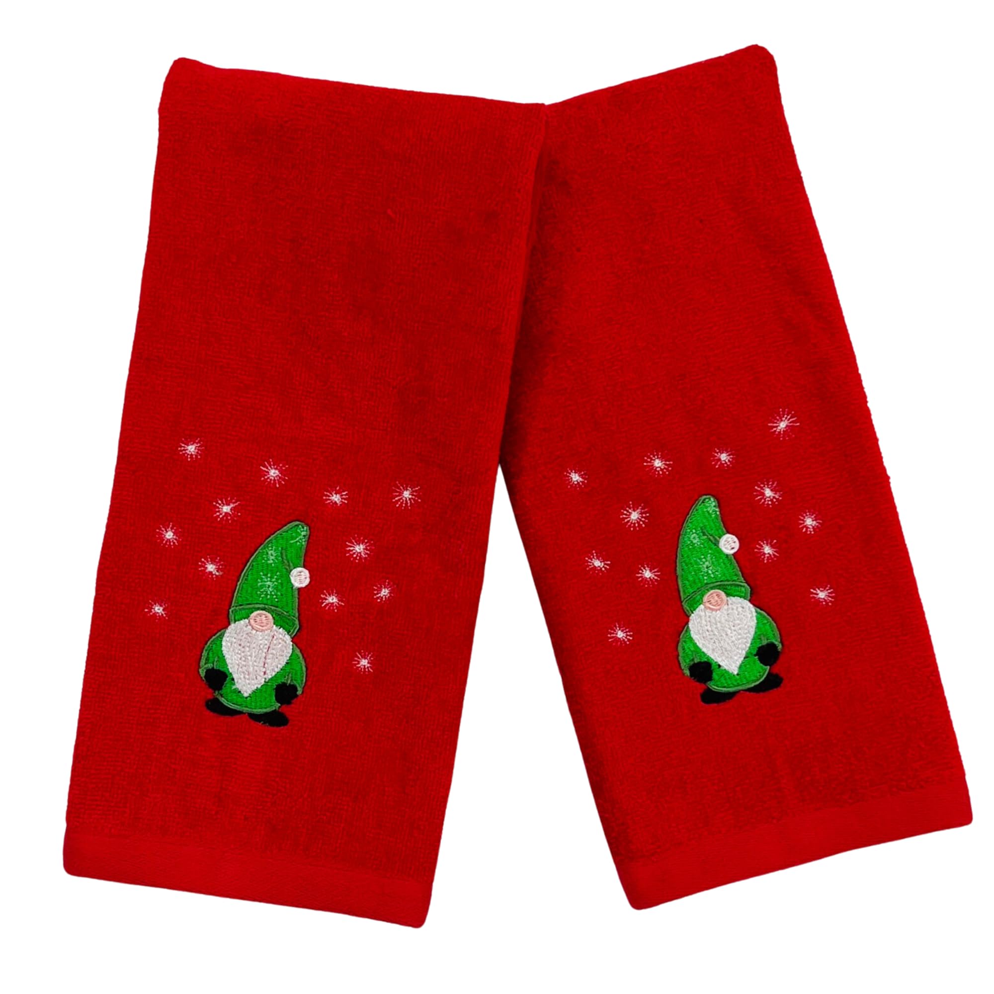 Serafina Home Holiday Christmas Guest Hand Towels: Festive Embroidered Gnome Country Farmhouse Red Terrycloth Towels With Winter