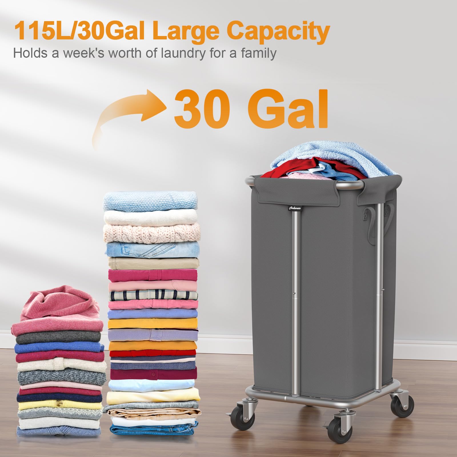 Hodonas 115L Laundry Basket With Wheels, 30 Gal. Rolling Laundry Hamper, Removable And Machine Washable Liner, Steel Frame, Tall
