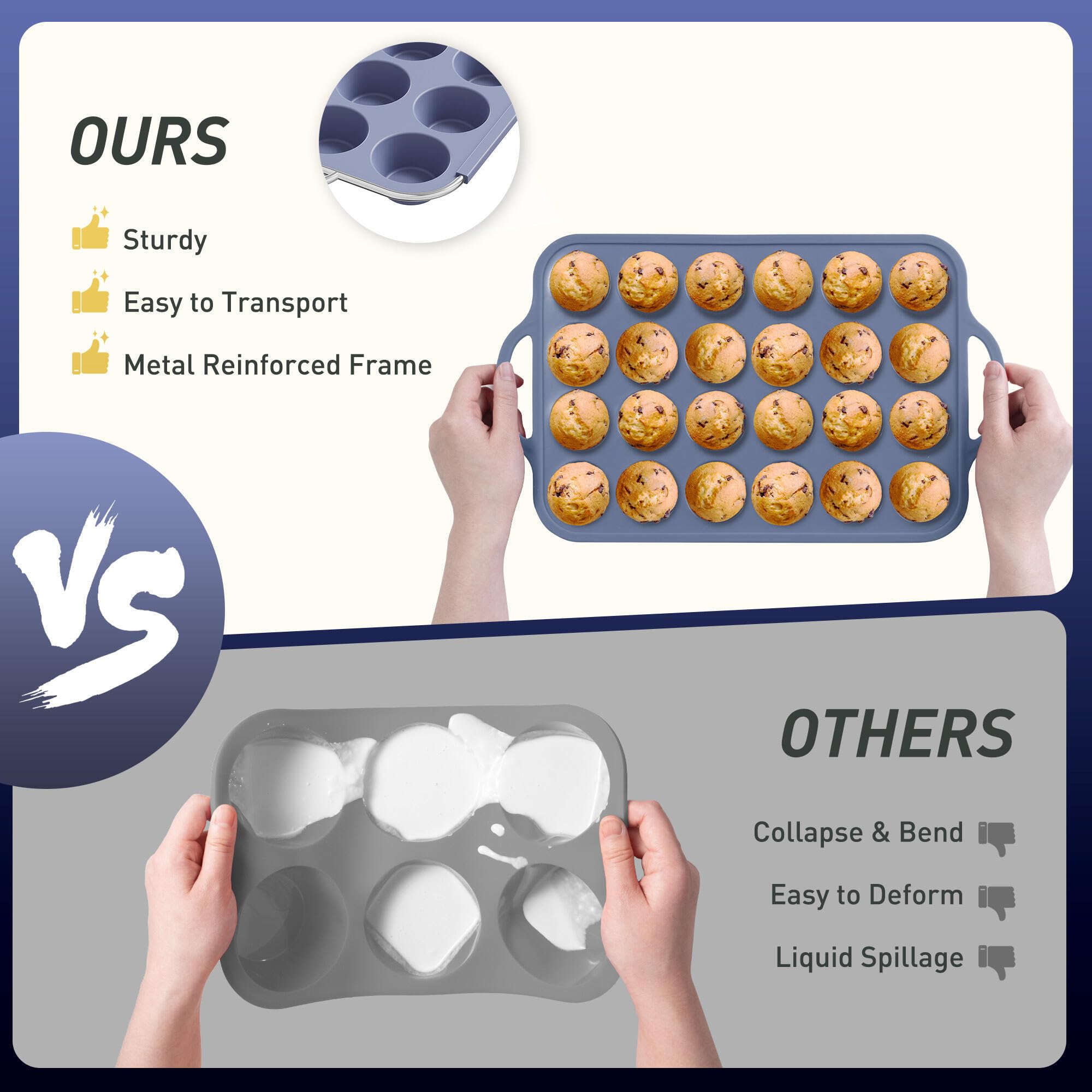 24 Cups Silicone Muffin Pan with Metal Reinforced Frame Mini Size Cupcake Tray Egg Mold Kitchen Stuff Accessories New Home Essen