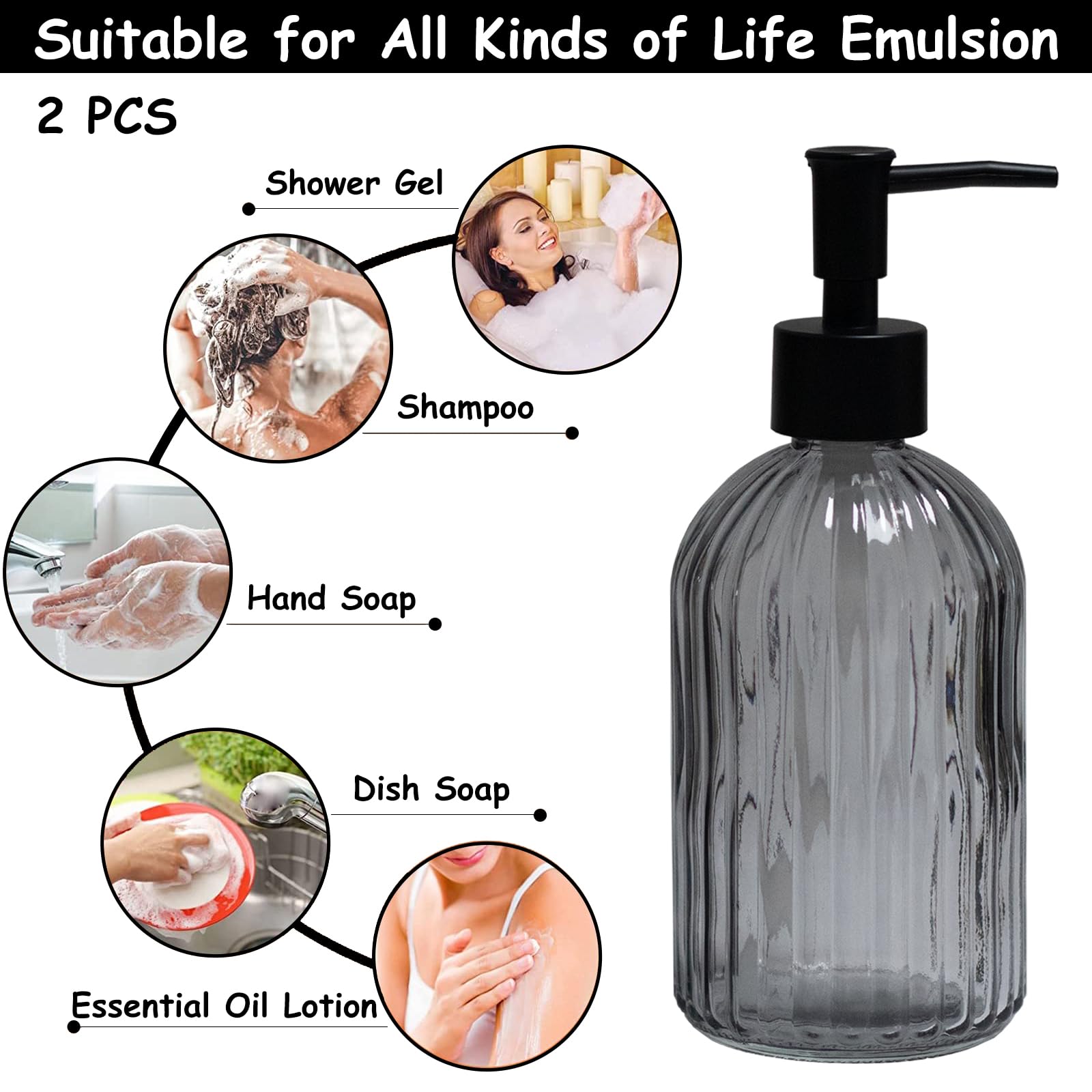 Gray Glass Soap Dispenser Set With Black Pump, 13.5Oz Refillable Liquid Hand Soap Dispenser, Lotion Dish Soap Dispenser For Mode