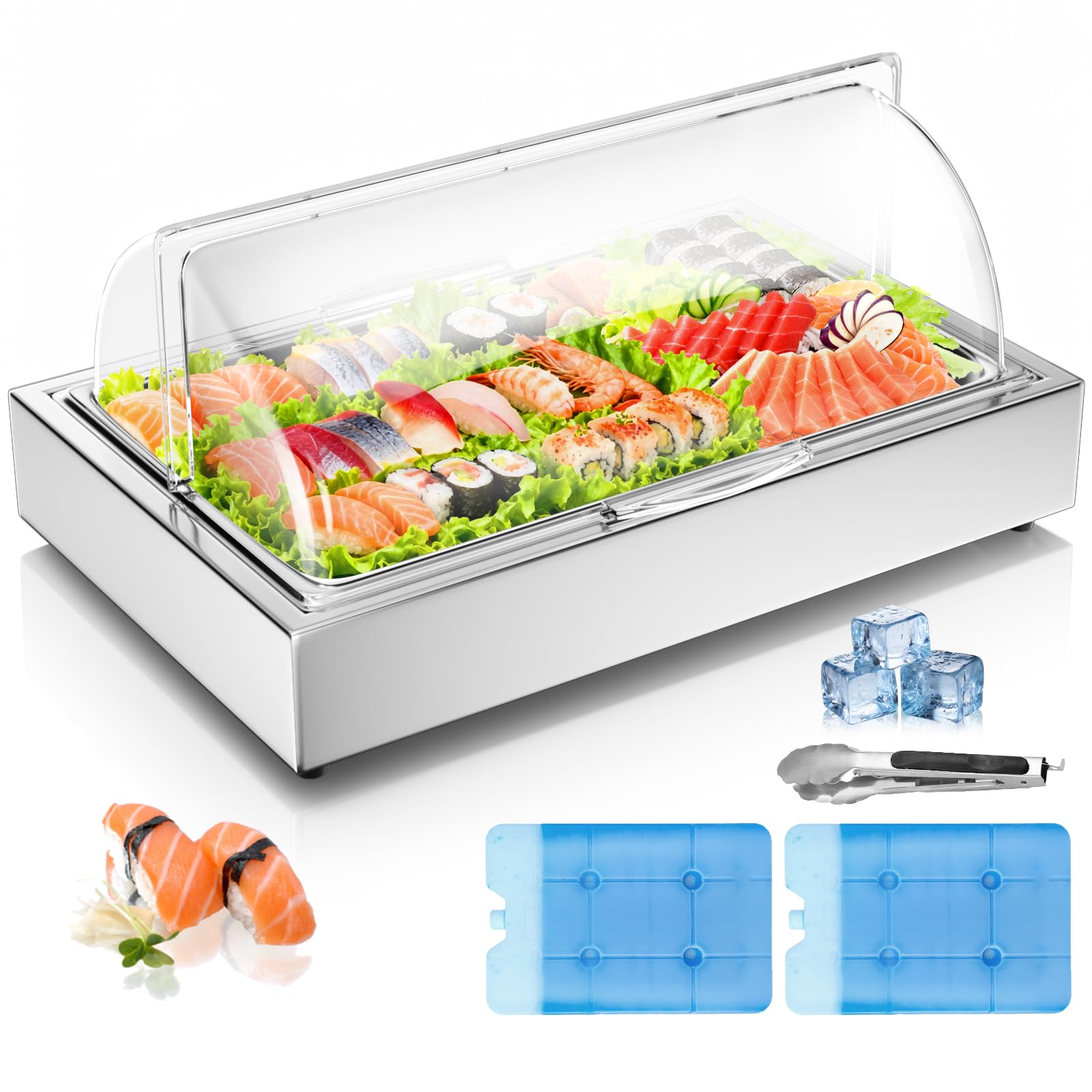 Ice Food Serving Display Tray with Clear Roll Top Cover, 1 x 1 Pan Stainless Steel Cold Food Buffet Condiment Dispenser Display 