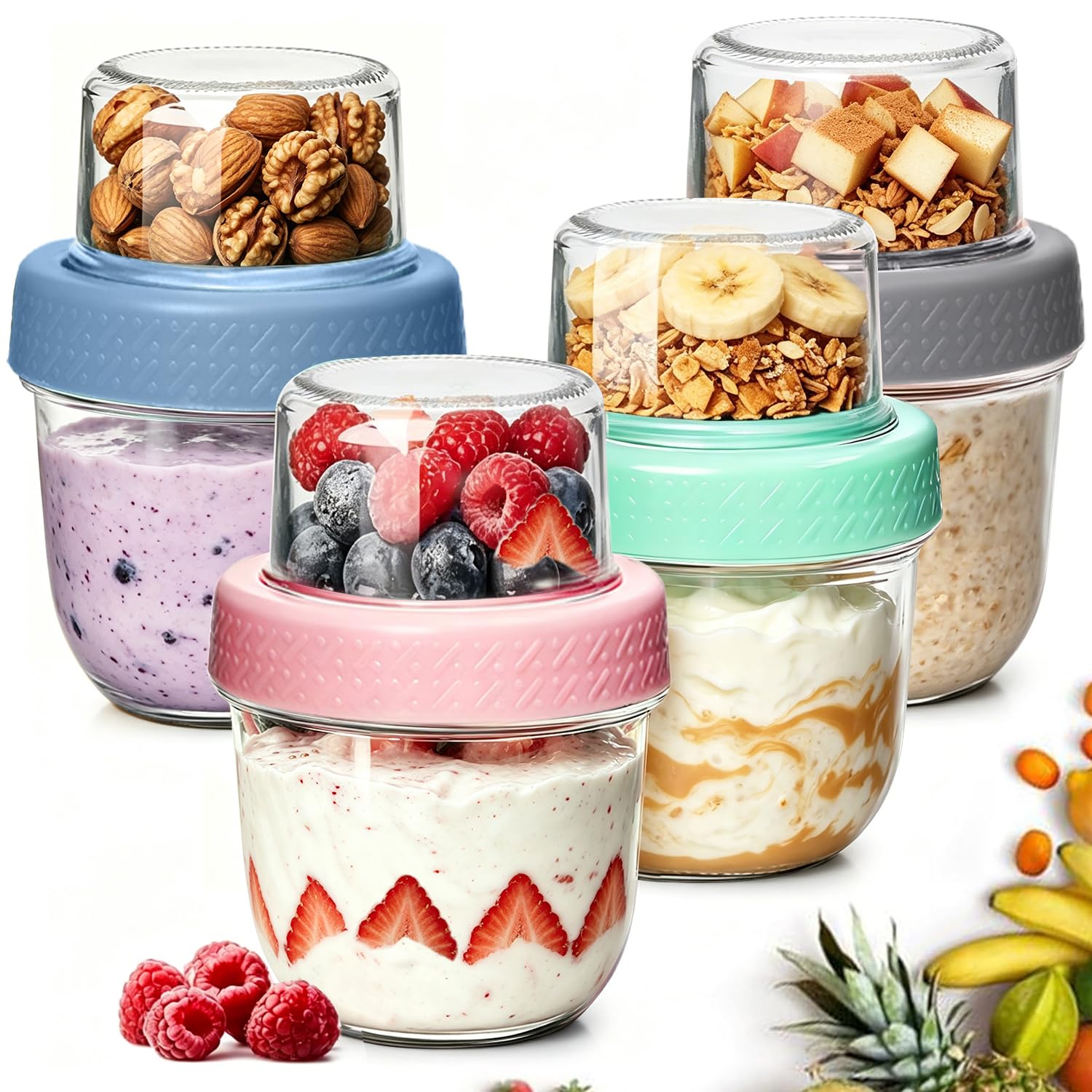 KTMAMA 8+4 oz Glass Parfait Cups with Lids 4 Pack Yogurt Container Reusable