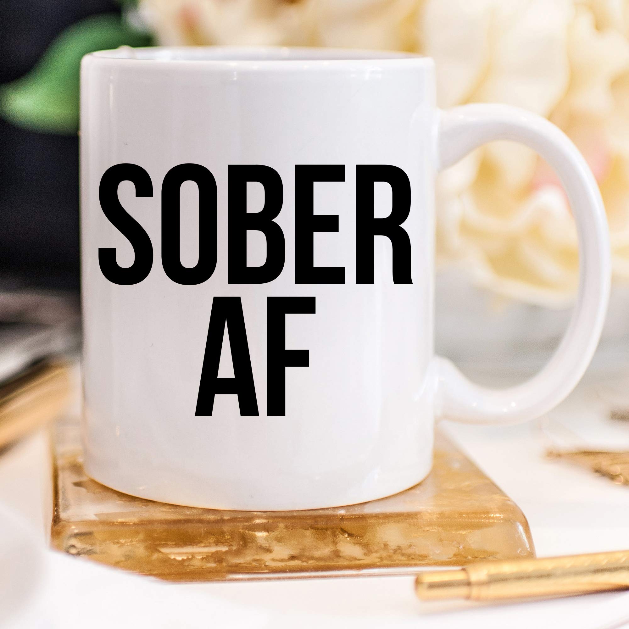 YouNique Designs Sober AF Coffee Mug, 11 Ounces, White, 1 Year Sobriety Gifts for Women and Men (White)