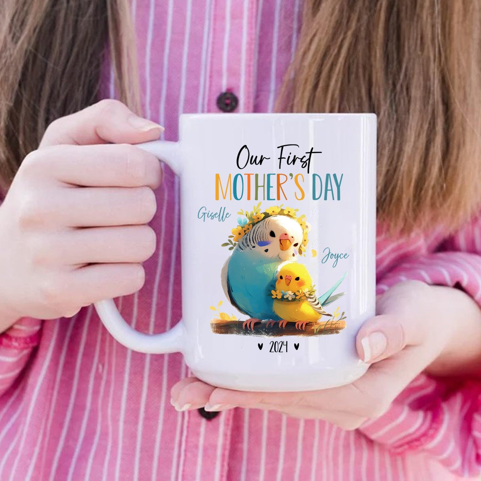 Parakeet Animal Mugs For Mom And Baby, Mommy & Baby Parakeet Coffee Mug, Personalized Our First Mothers Day Ceramic Cup, Mummy T