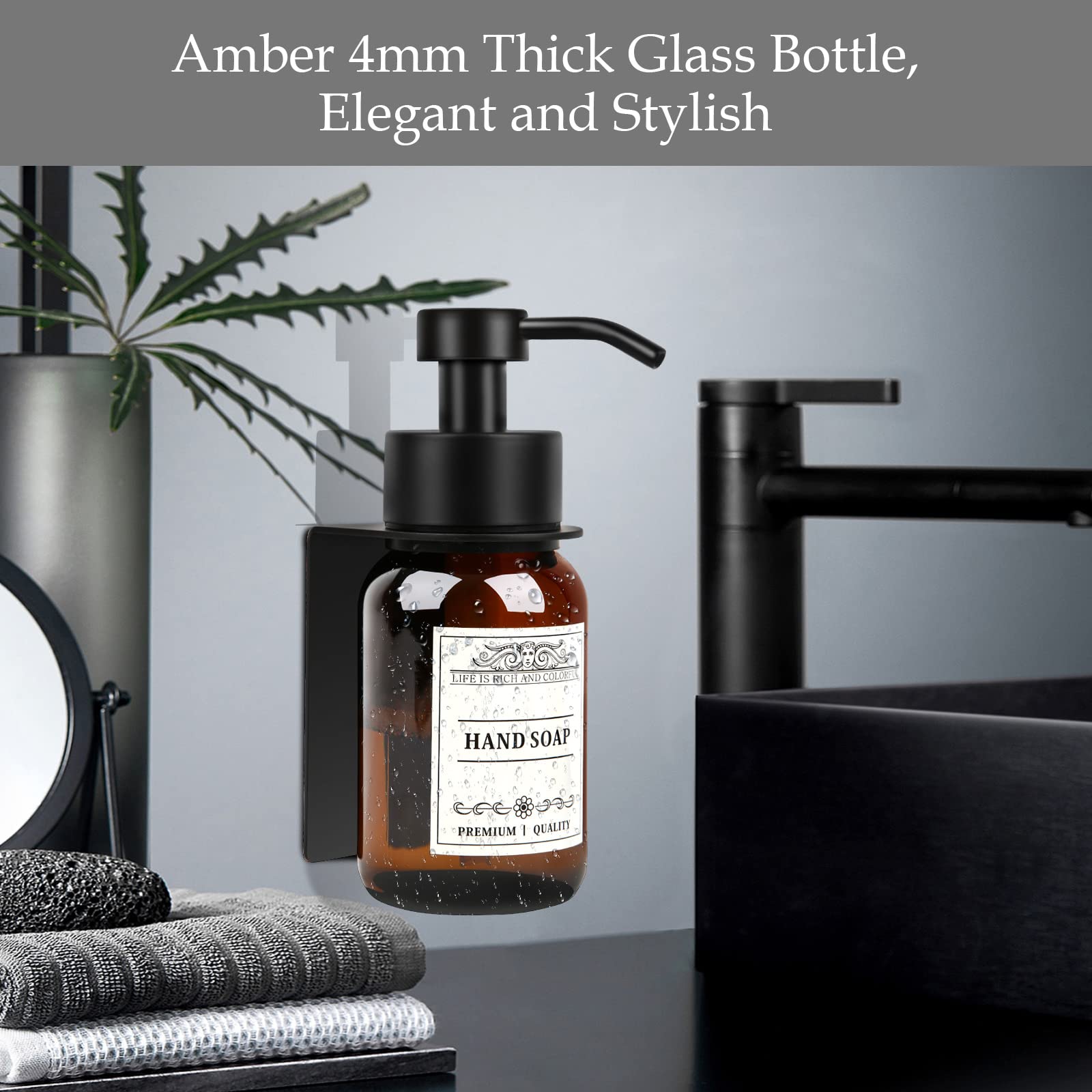 Nobtou Black Soap Dispenser Wall Mount For Bathroom - 8.5 Oz Glass Hand Soap Dispenser With Pump And Drill-Free Wall Mount Holde