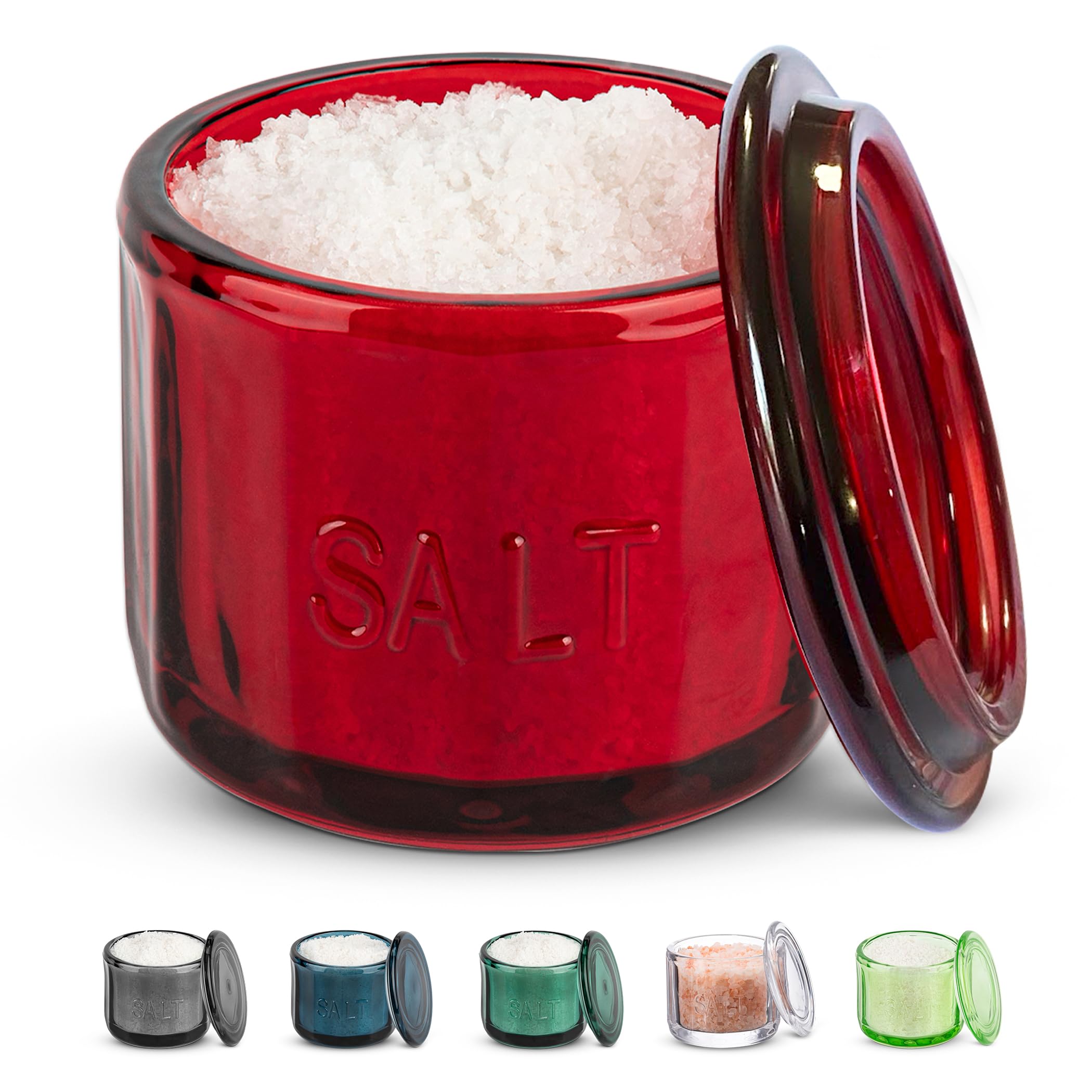 KooK Salt Cellar & Jar  Round Salt Container  Pressed Clear Glass  with Clear Lid  Embossed  10 oz (Ruby)