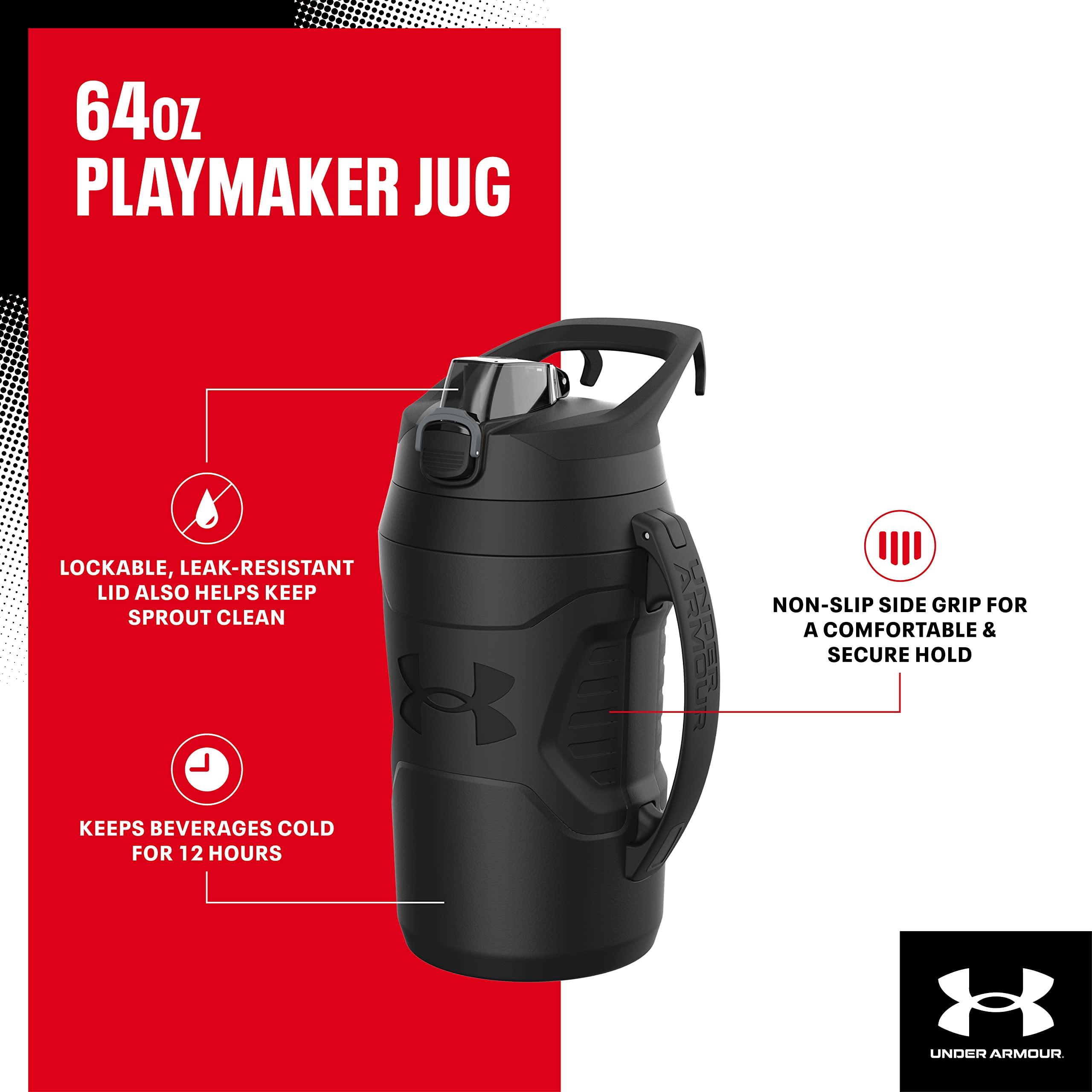 Under Armour Sports Water Jug, 64Oz Insulated Water Bottle W/Handle, Half Gallon, Fence Hook, Leak Resistant, Baseball, Football