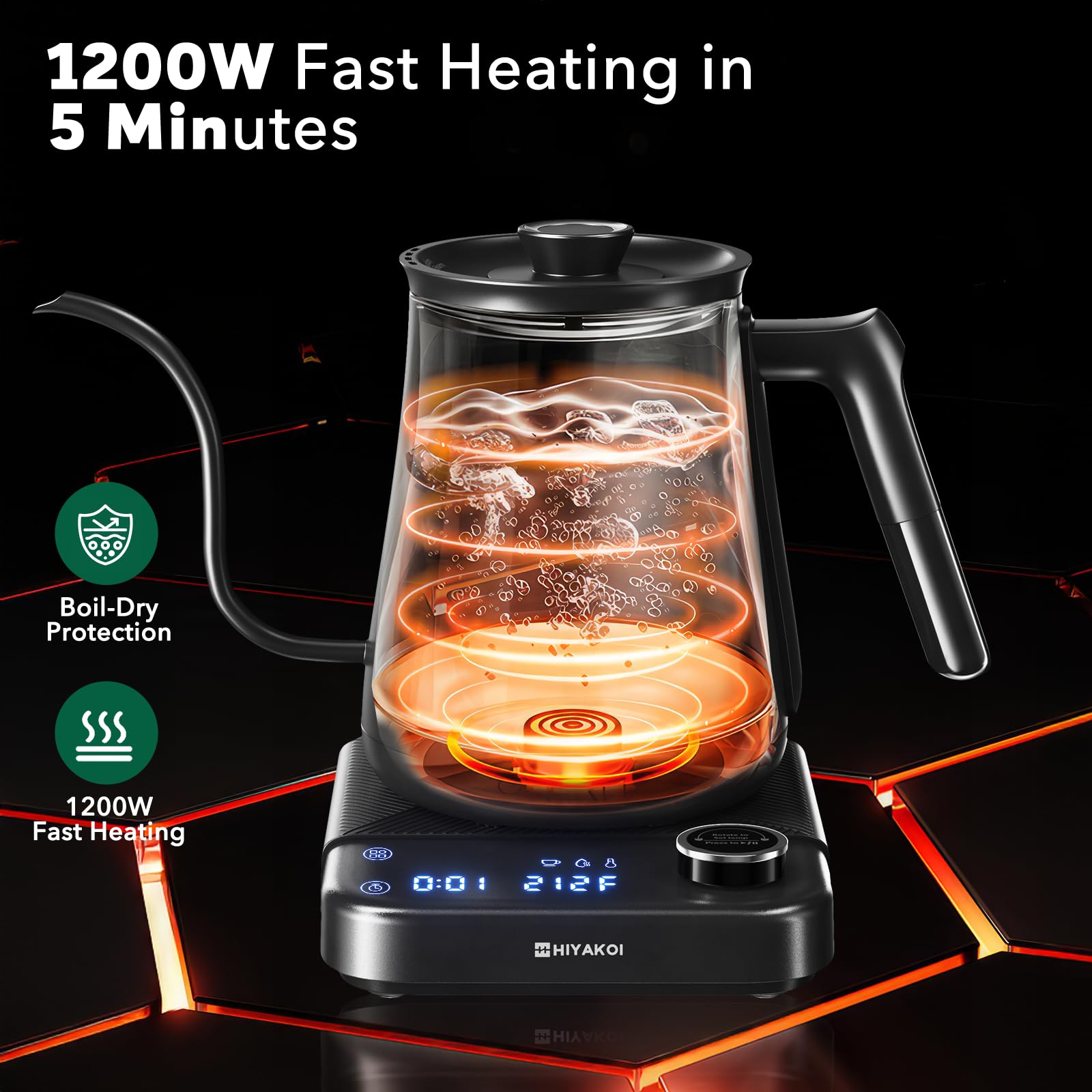 HIYAKOI Electric Kettle, Gooseneck with Temperature Control, 0.8L Stainless Steel, Black, Model KFJ-D10Z1, Quick Heating, Keep Warm