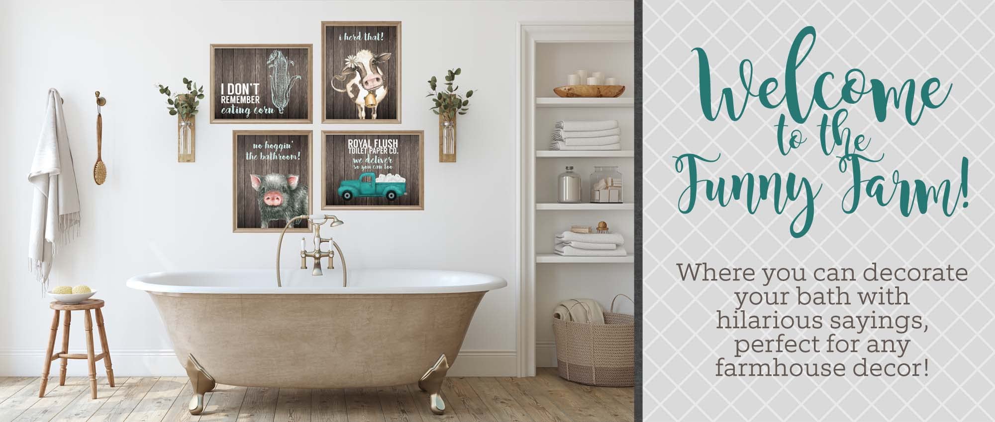 I Herd That! - Funny Farmhouse Bathroom Themed Decor Art Farm Rustic Wood Style Wall Prints Set Cow Pig Poster Signs Typography Cute Rules Toilet Paper Truck