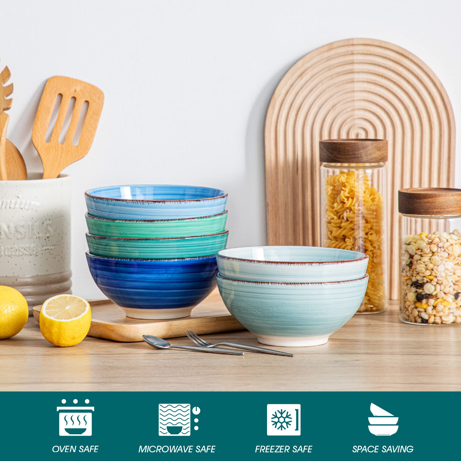 Vancasso Bonita 27 Oz Cereal Bowls Set Of 6, Blue Ceramic Bowls For Kitchen, 6 Inch Soup Bowls, Dishwasher & Microwave Safe