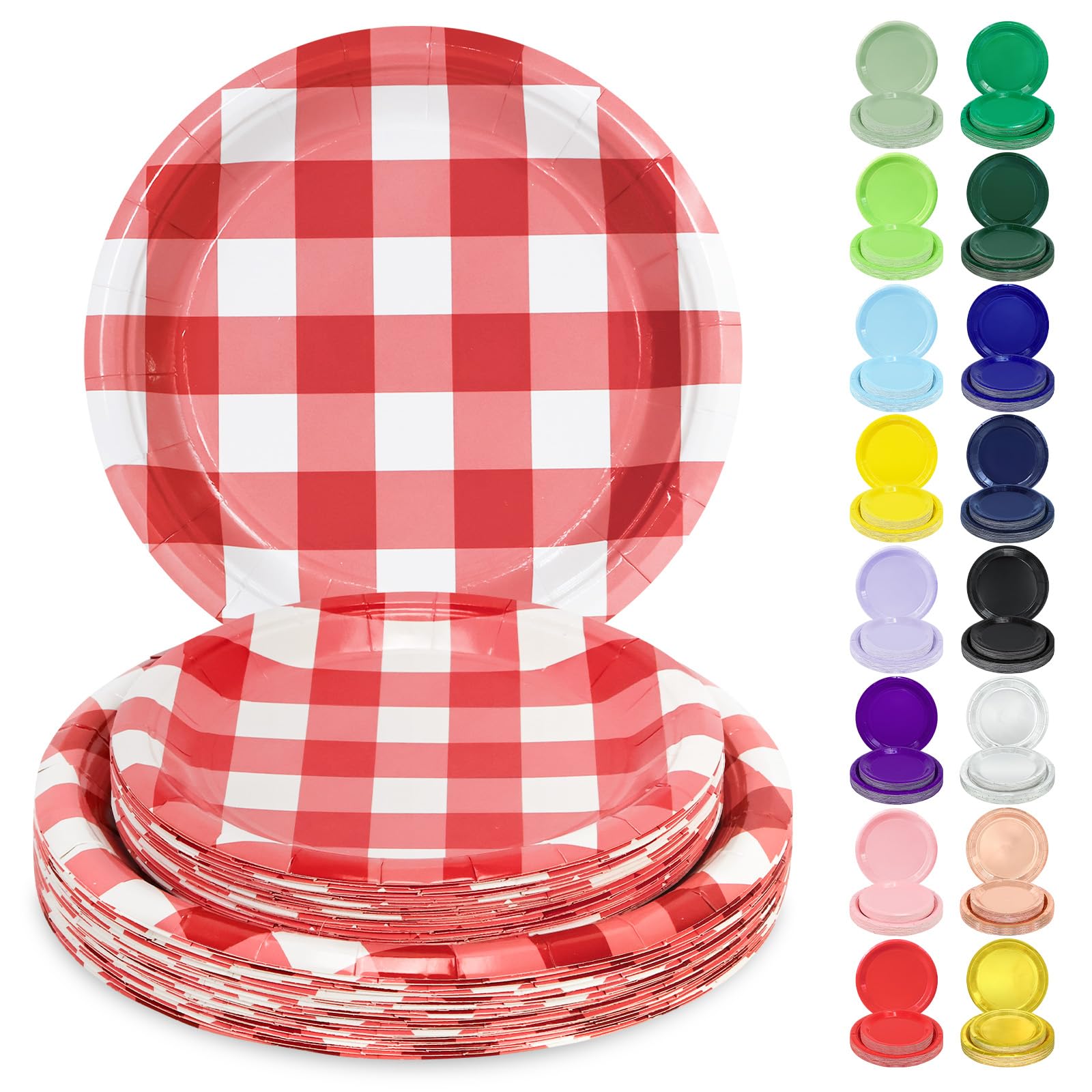 LANLISA 50 Red Gingham Paper Plates Set Includes 25-9 & 25-7 Disposable Birthday Cake Dessert Red and White Plates for Party Sup