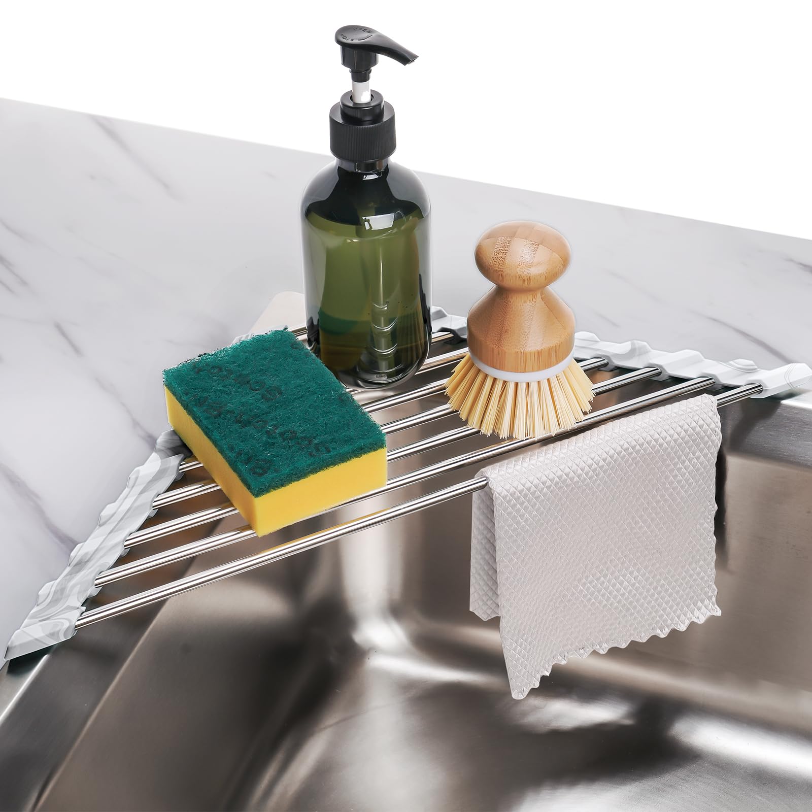 Tomorotec Marble Triangle Roll-Up Dish Drying Rack for Sink Corner - Small, Foldable, Stainless Steel, Multipurpose Kitchen Drai