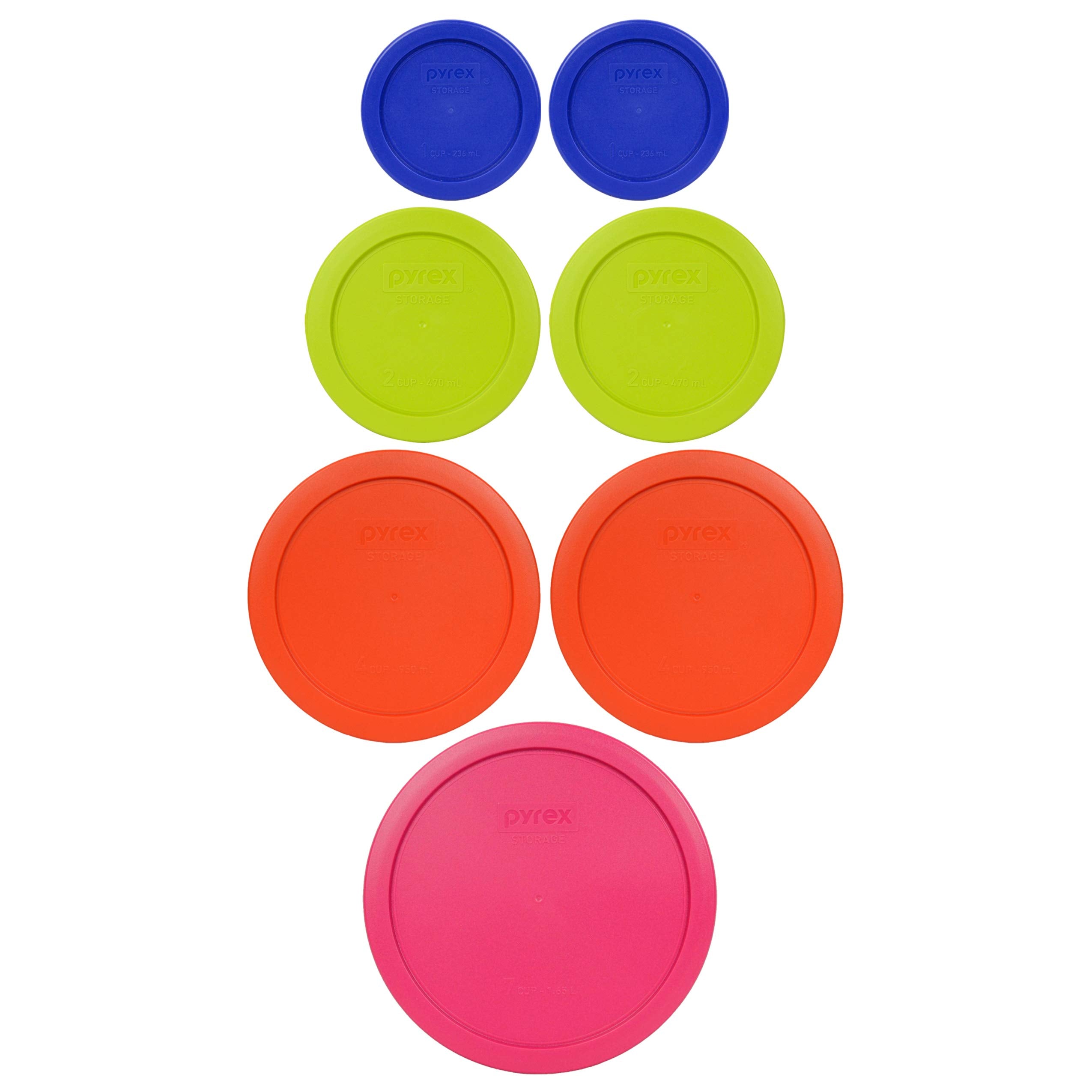 Pyrex (1) 7402-Pc 6/7 Cup Fuchsia (2) 7201-Pc 4 Cup Pumpkin Orange (2) 7200-Pc 2 Cup Green Edamame (2) 7202-Pc 1 Cup Cobalt Blue
