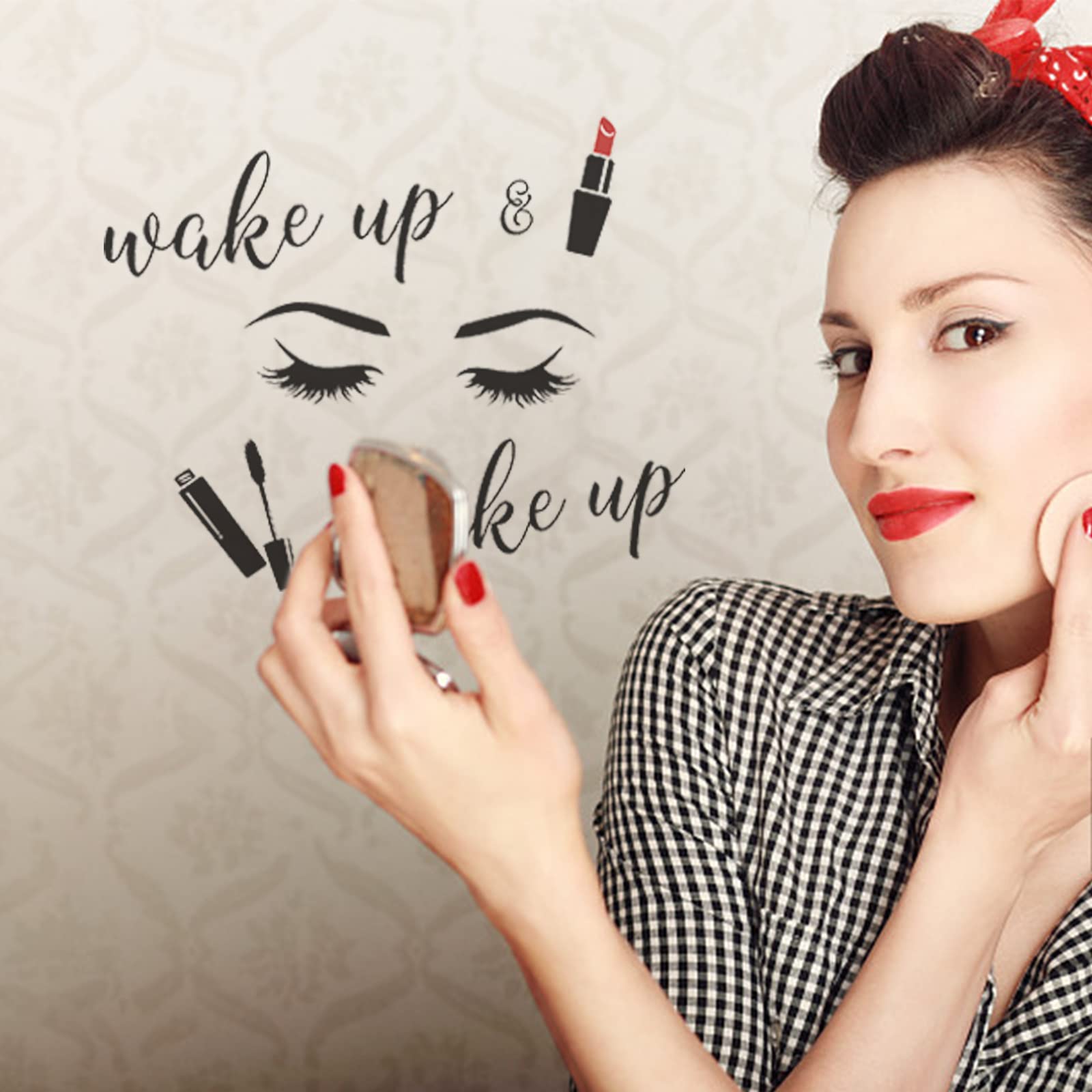 Superdant Pvc Wall Stickers Wake Up Make Up Eyelash Cosmetics Pattern Vinyl Lettering Wall Art Decals For Bedroom Powder Room Ba