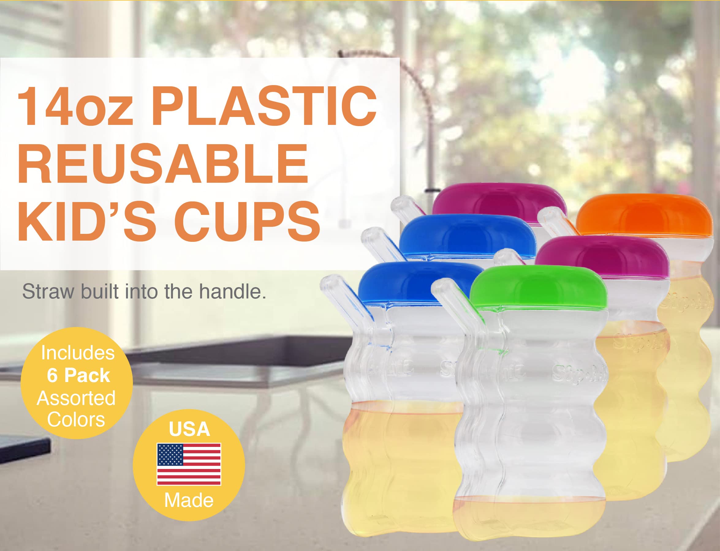 Arrow Home Products Sip-A-Mug  14oz  6pk - Easy to Grip Plastic Kid's Cup Where the Handle is the Straw - BPA-free with Screw-On Caps Great for Everyday Use  Made in the USA - Clear with Color Lids
