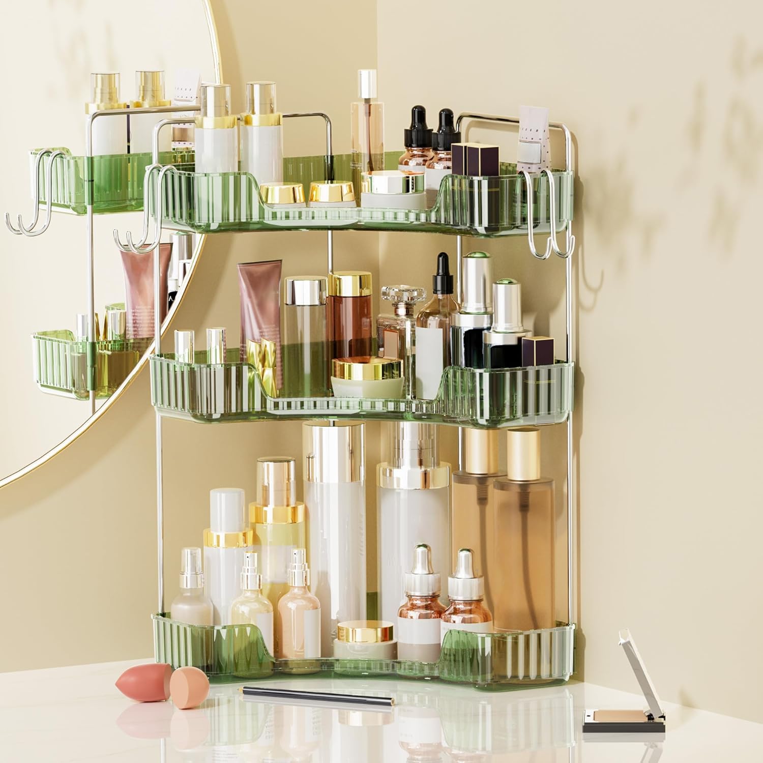 Kinkota 3 Tier Corner Bathroom Organizer Countertop, Plastic Bathroom Counter Organizer, Vanity Tray Sink Shelf With Hooks, For