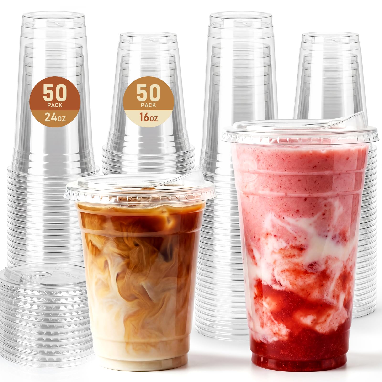 BISWYLBLJ 100 Pack 16oz & 24oz Clear Plastic Cups with Sip Lids