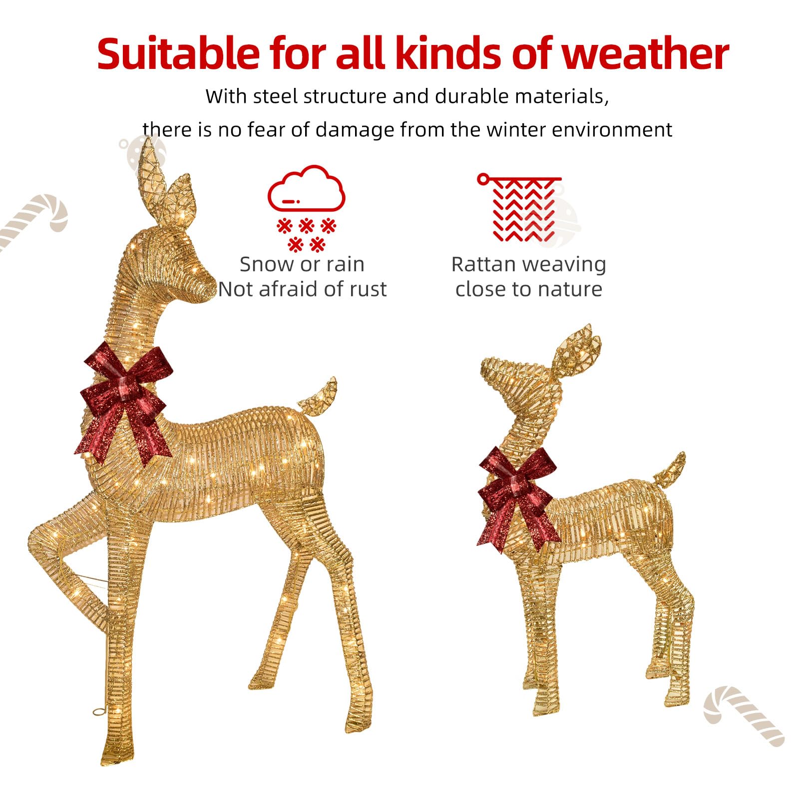 2-Piece Large Lighted Christmas Deer - HOYECHI Outdoor Yard Decoration Rattan Reindeer with 85 LED Lights, Stakes, Zip Ties - Go