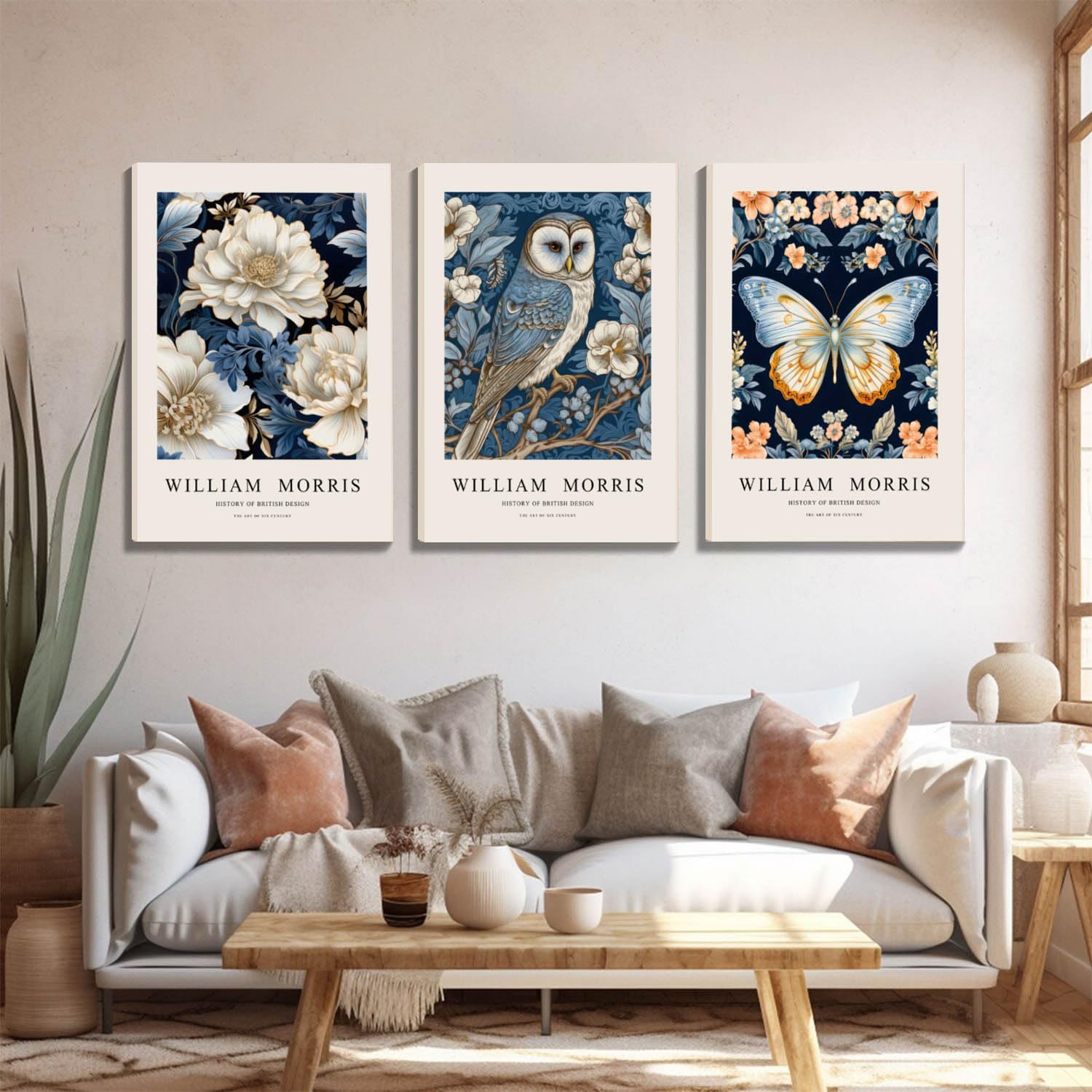 Akwish William Morris Canvas Wall Art, Blue And White Vintage Owl Wall Art, Butterfly Flower Wall Home Decor Poster Prints Set O