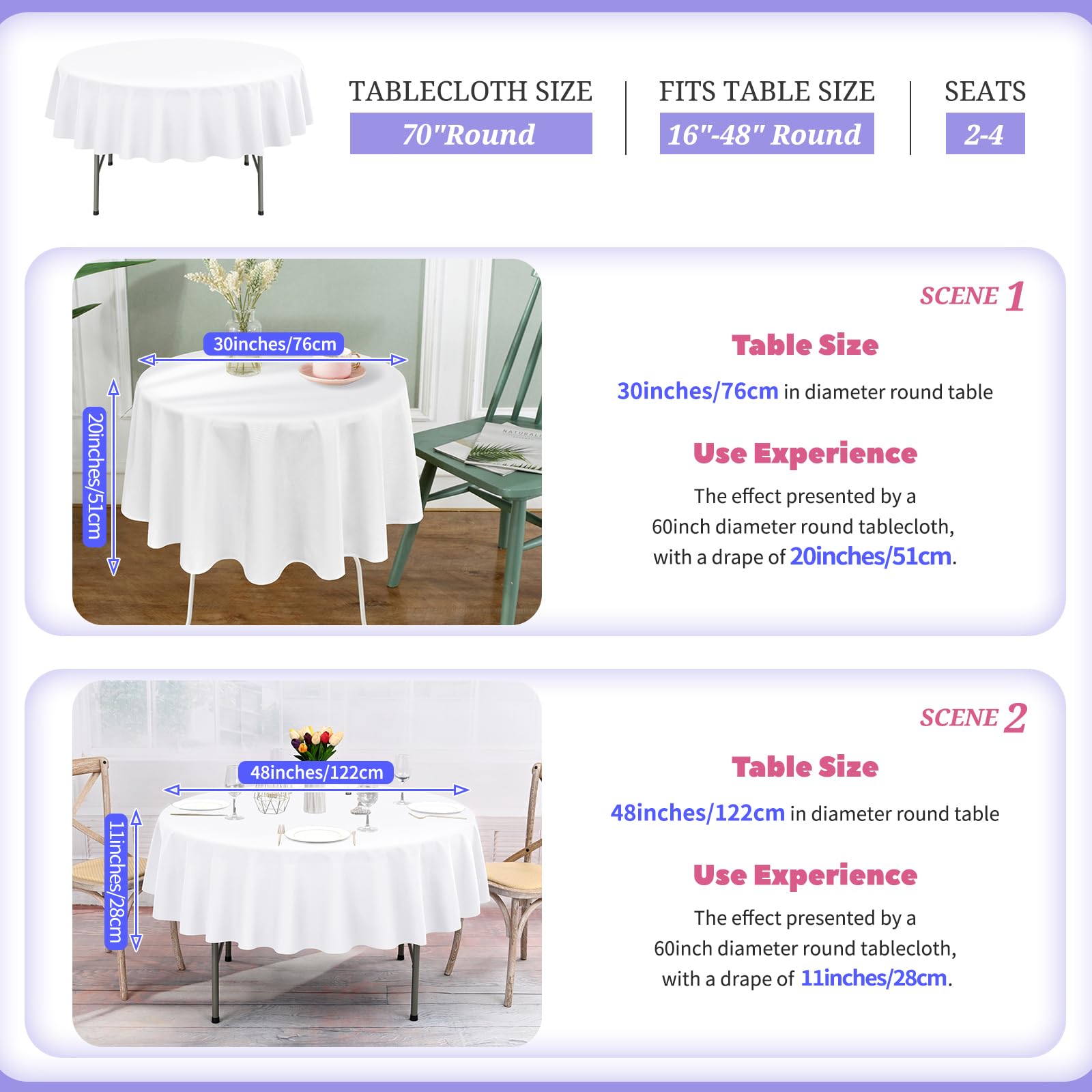 Showgeous 8 Pack Round Tablecloth 70 Inch Round White Table Cloths Polyester Tablecloths For Round Tables Washable Decorative Fa