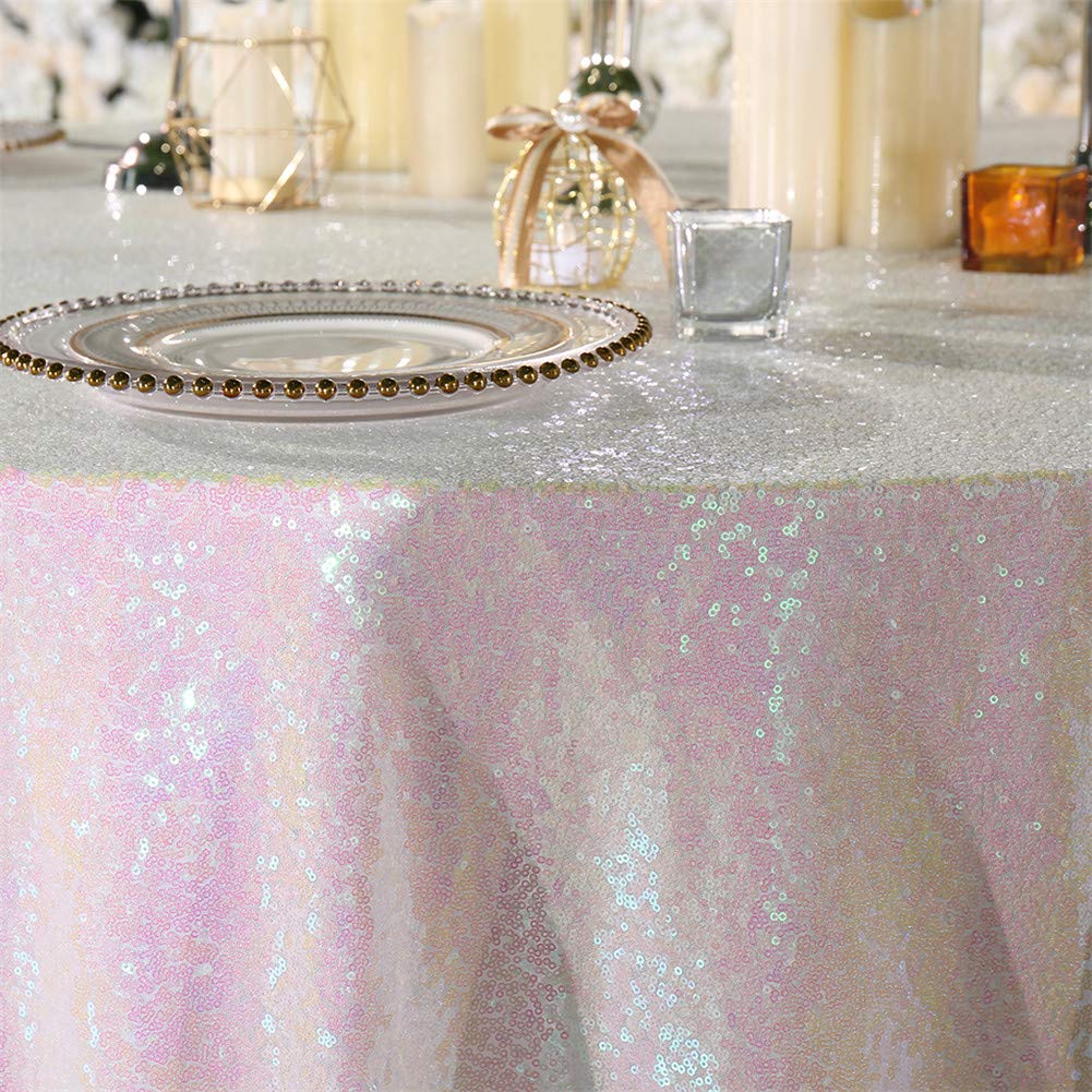 Eternal Beauty Iridescent 72'' Round Sequin Tablecloth- Sparkly Sequin Overlay For Wedding Party/Dessert Table/Christmas Decorat