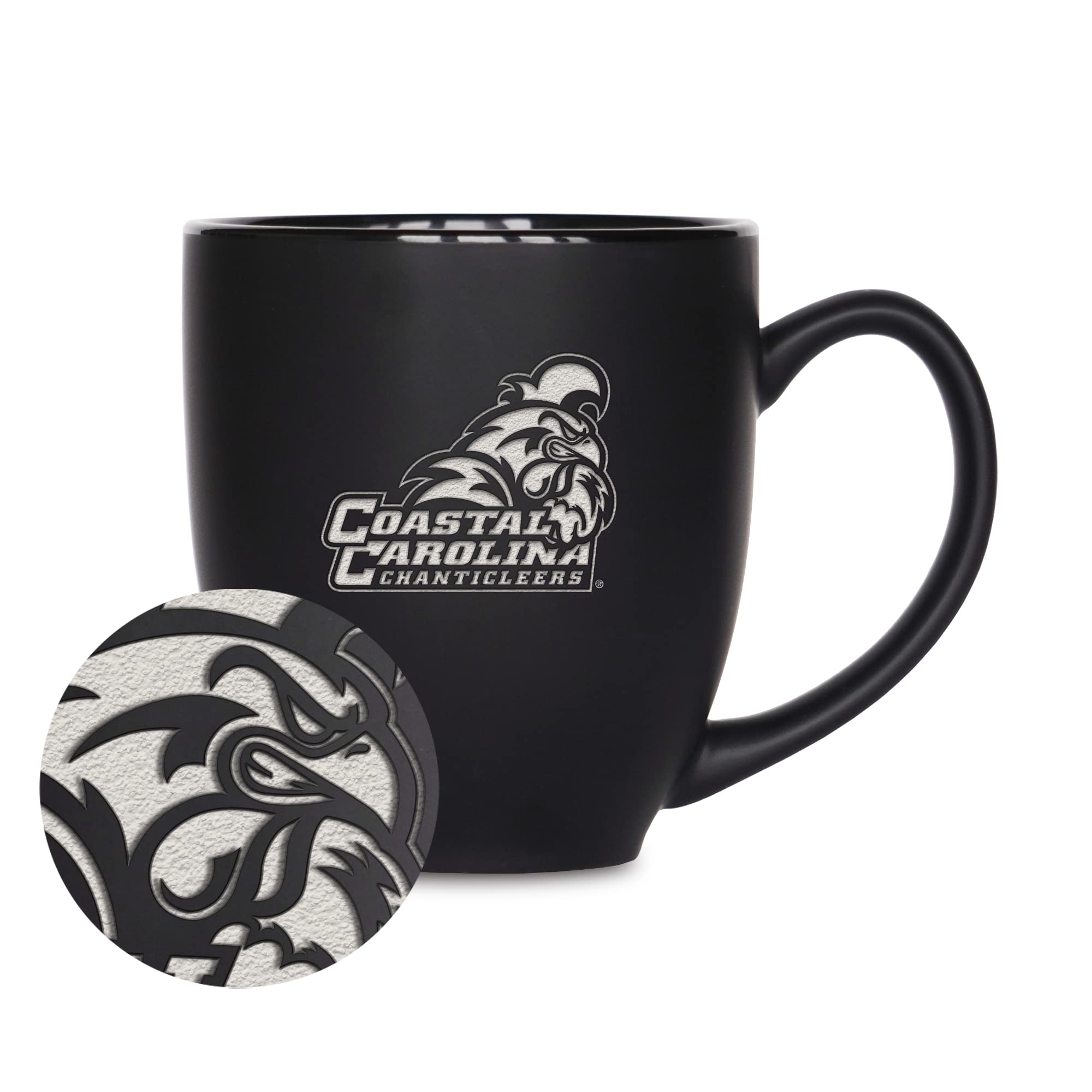 Rico Industries NCAA Coastal Carolina Chanticleers Main 15oz Laser Engraved Matte Black Ceramic Bistro Mug - For Hot or Cold Dri